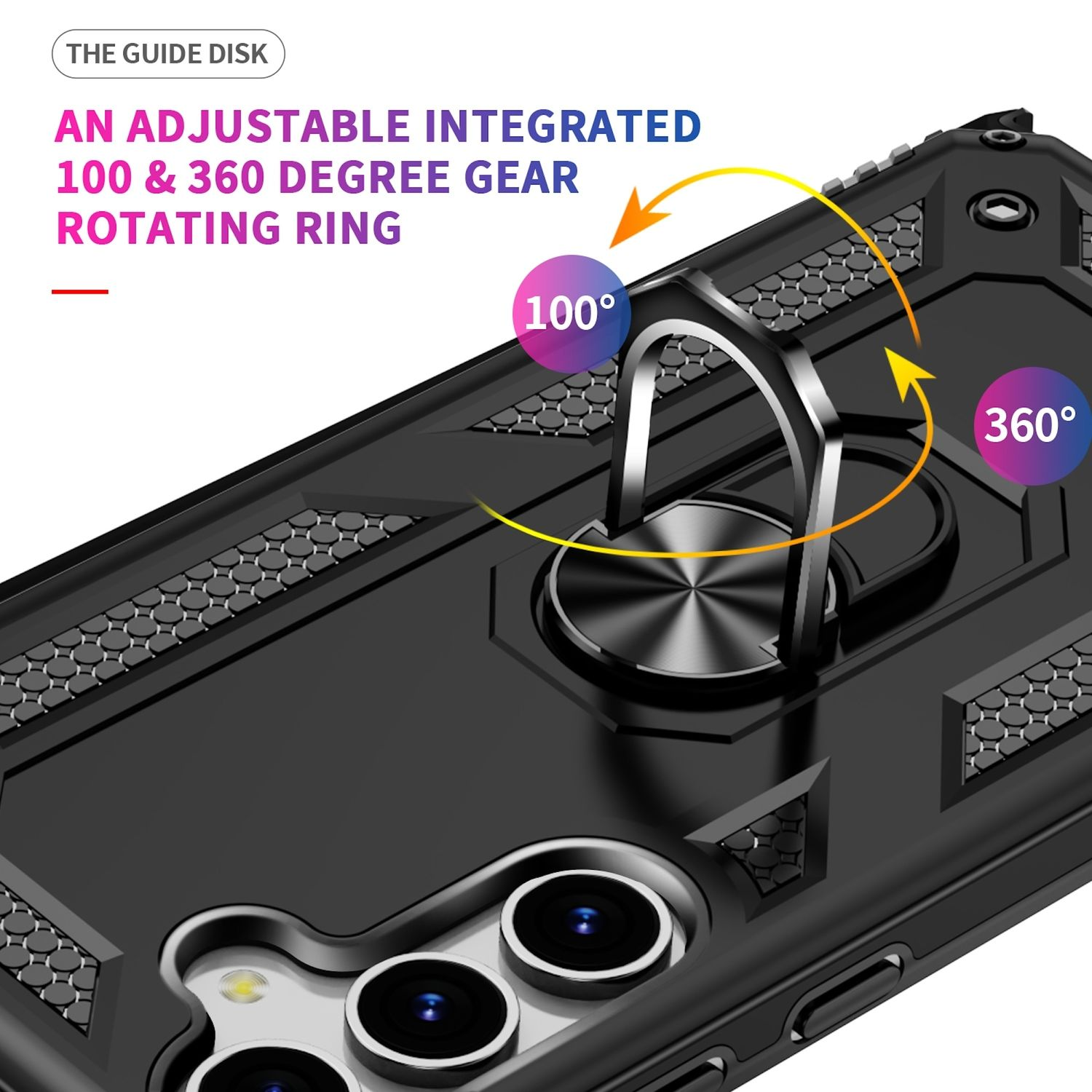 Schwarze Handyhülle mit drehbarem Ring, zeigt 100 und 360-Grad-Drehung.