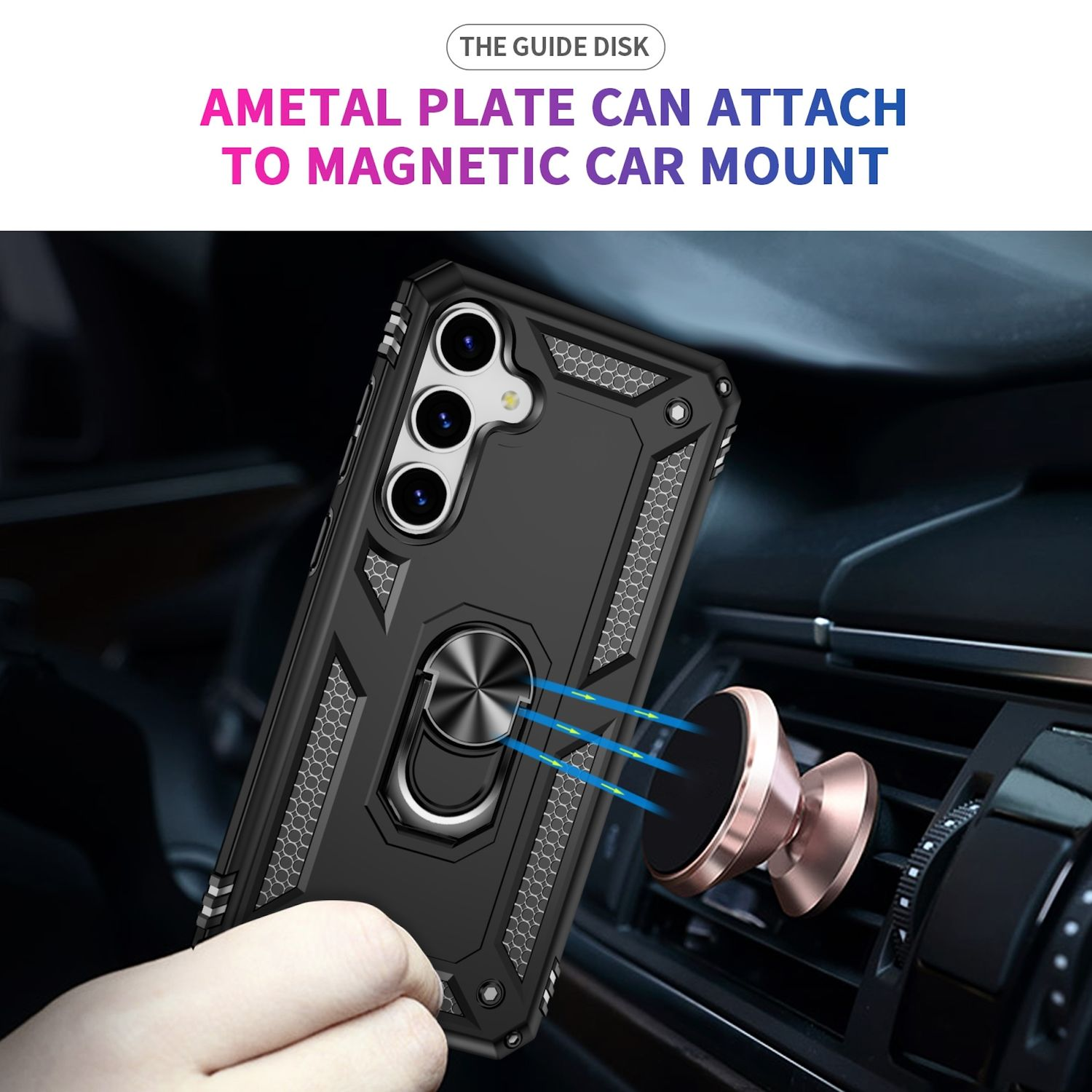 Schwarze Handyhülle mit Ringhalterung, die an einer magnetischen Autohalterung befestigt ist.