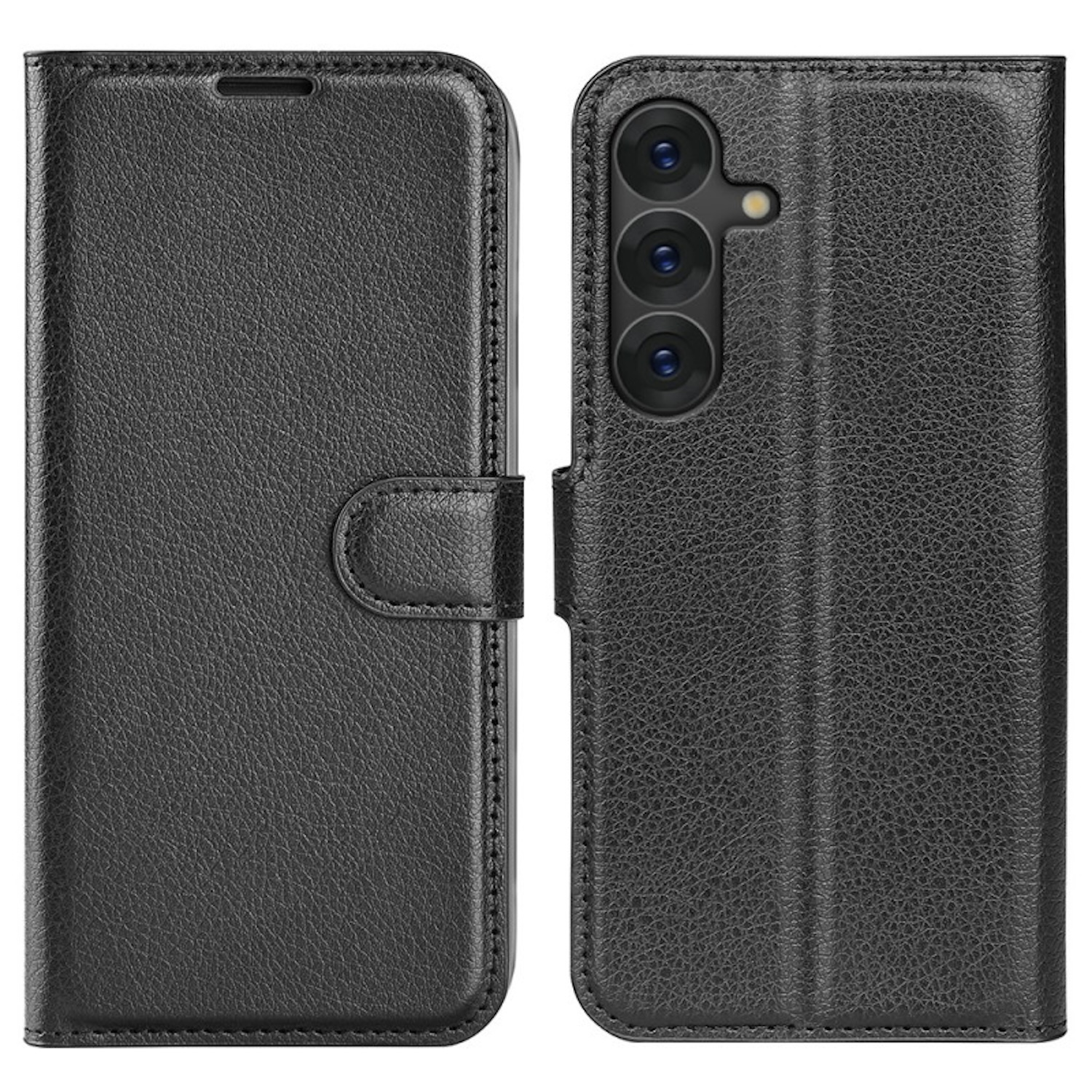 Una funda de teléfono negra, cerrada y abierta, mostrando ranuras para teléfono y tarjetas.