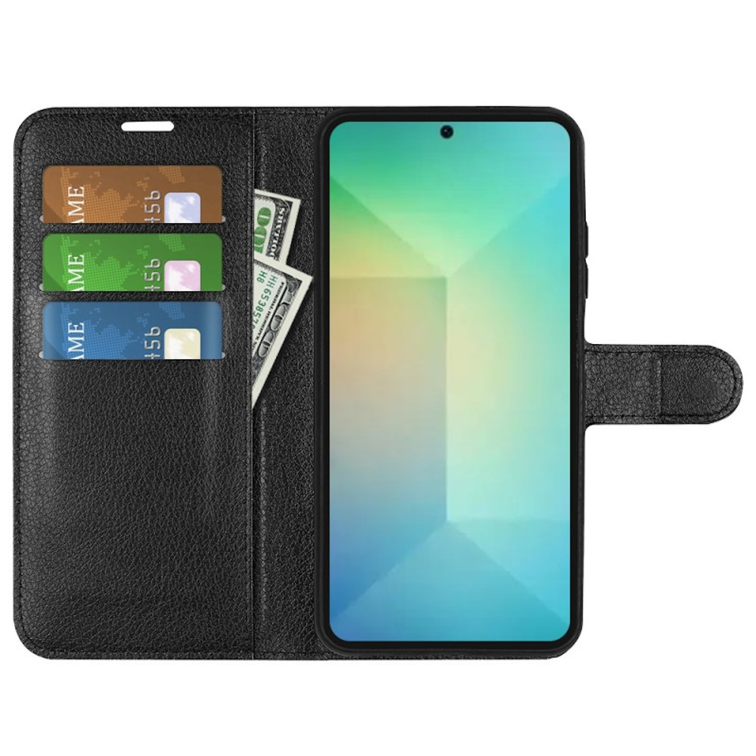 Una funda negra para teléfono con tarjetas y efectivo. El teléfono está a la derecha, con una pantalla colorida.