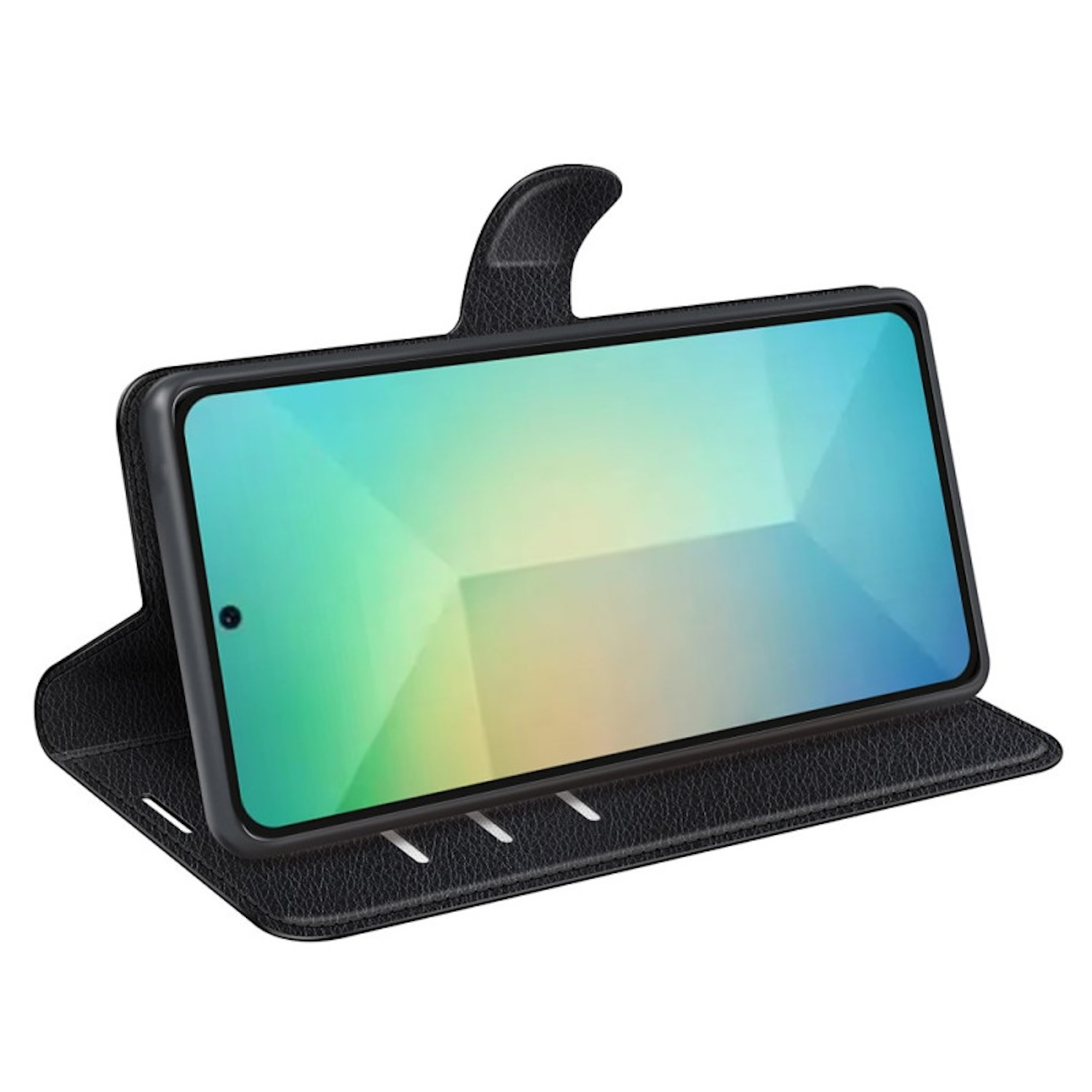 Funda negra con teléfono dentro, abierta. La pantalla muestra un patrón geométrico colorido.