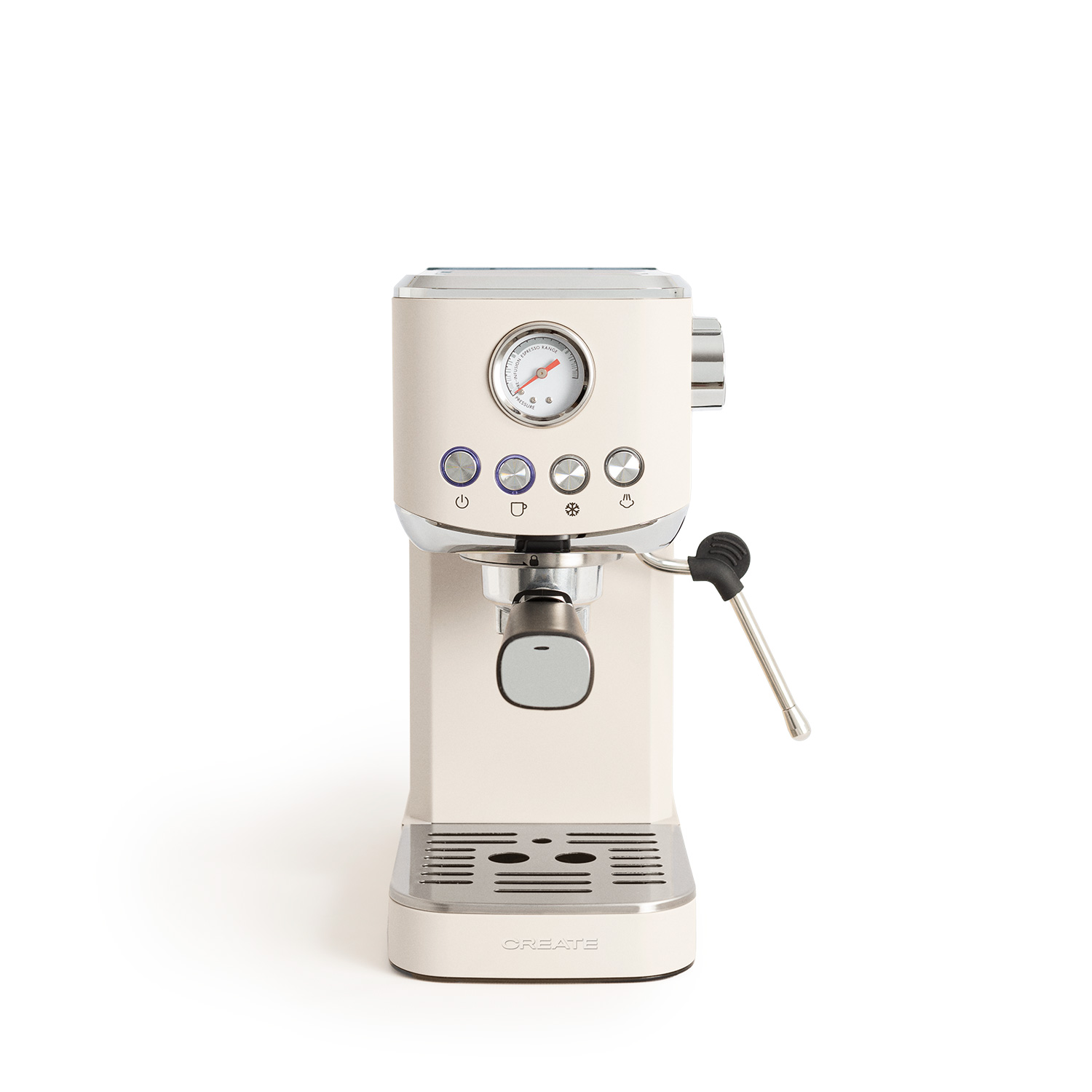 Máquina de espresso crema con detalles cromados. Botones, medidor y boquillas. Fondo blanco.