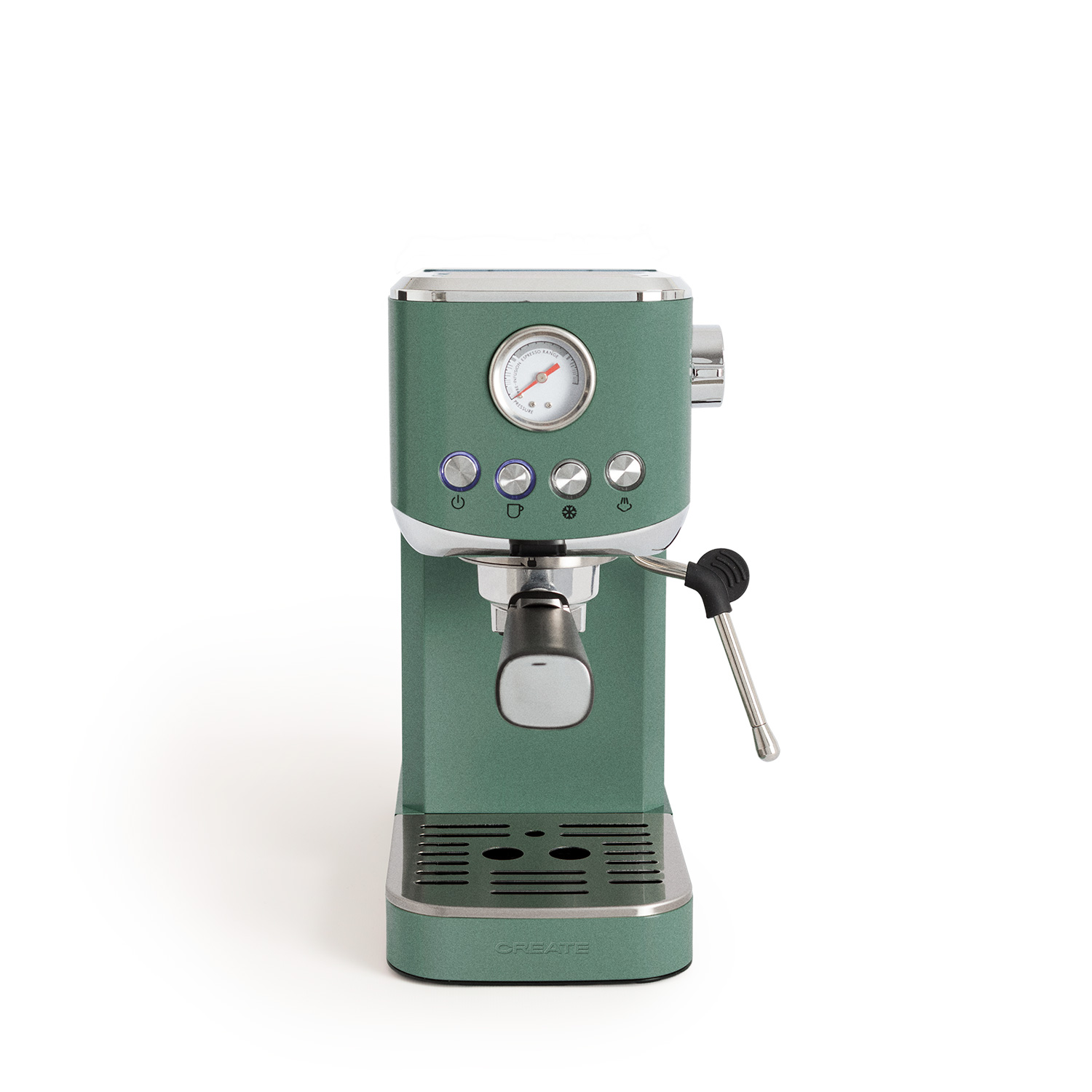 Máquina de espresso verde con medidores y botones, detalles plateados, sobre blanco.