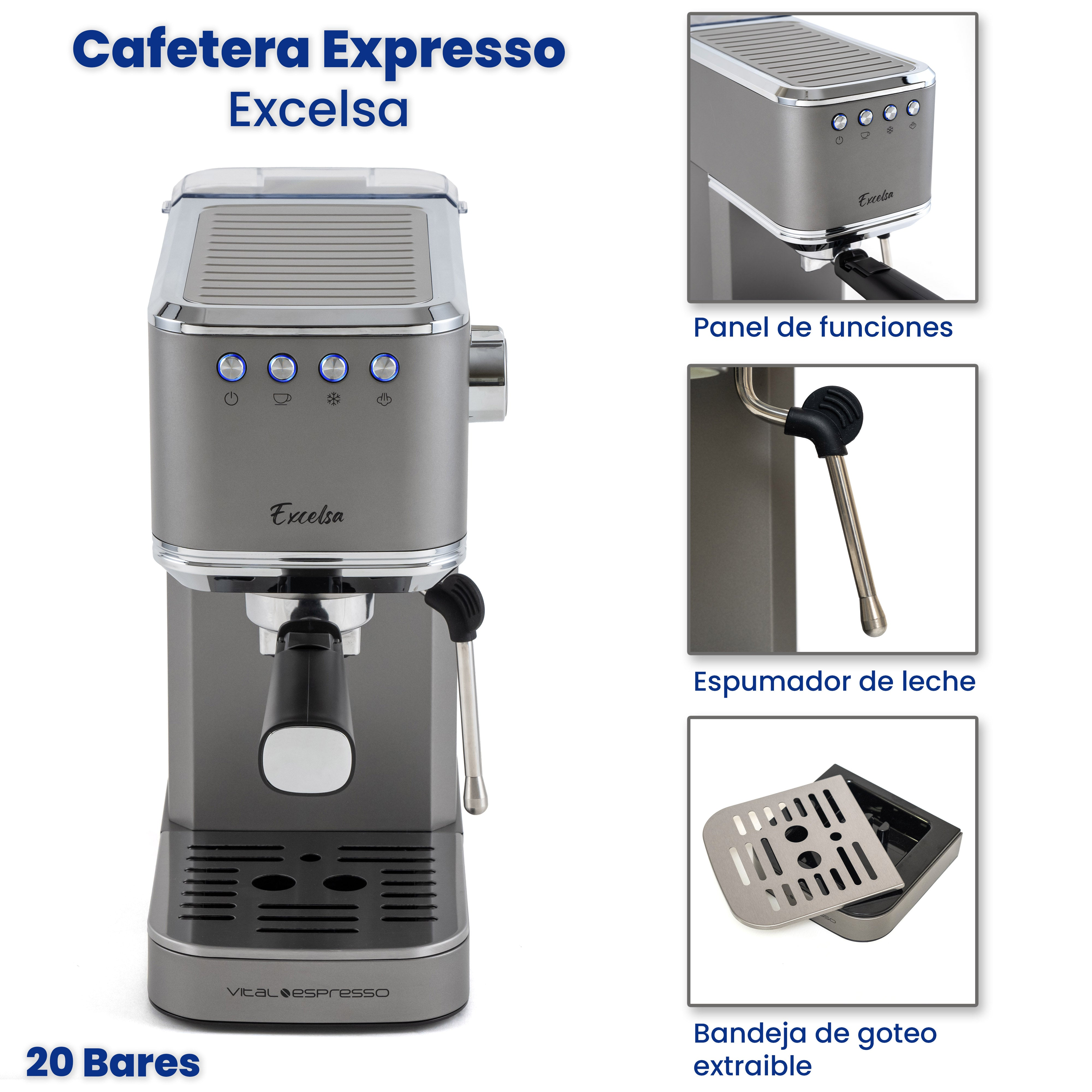 Una cafetera espresso gris con vaporizador de leche. Los detalles se muestran en imágenes separadas.
