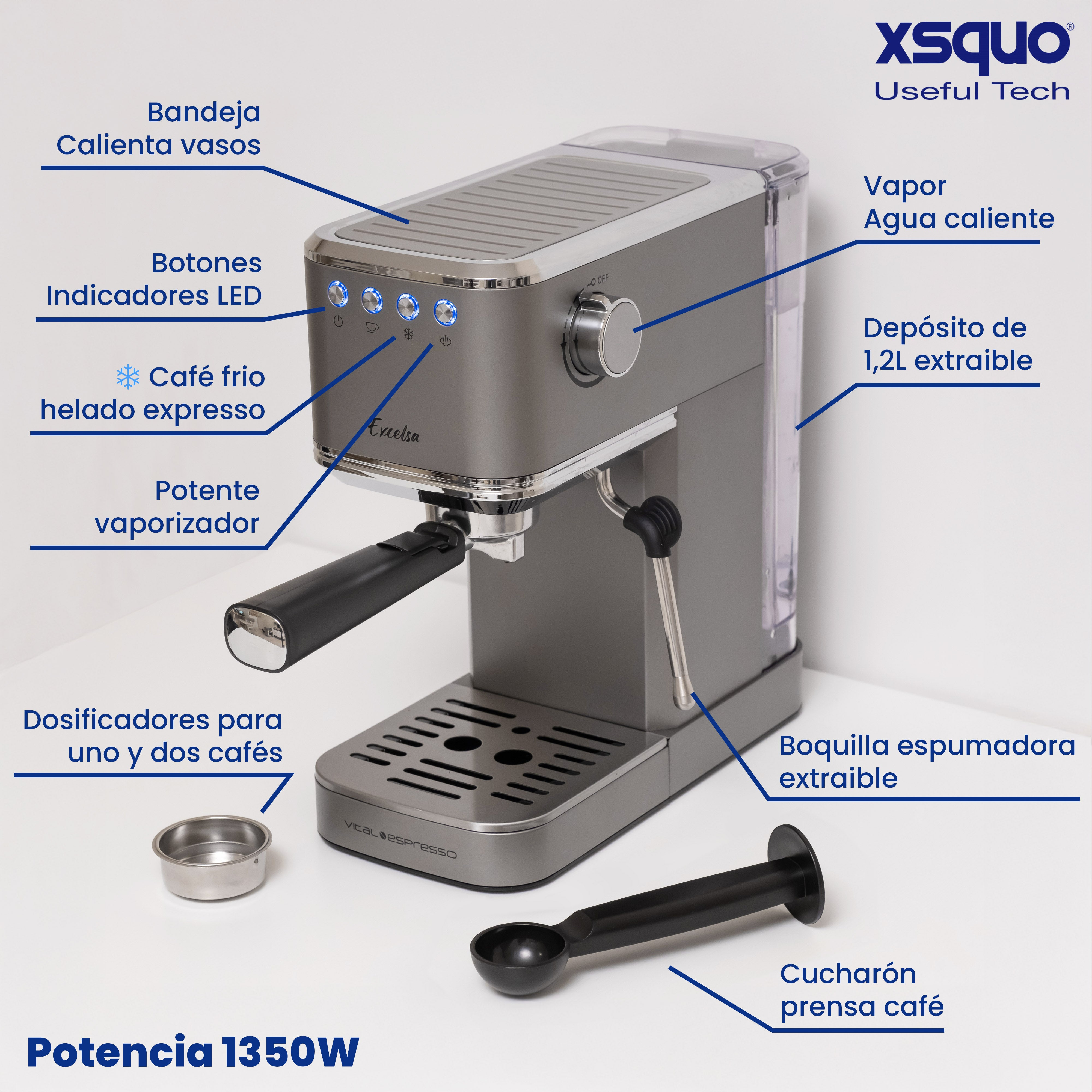 Cafetera con etiquetas en español y accesorios.