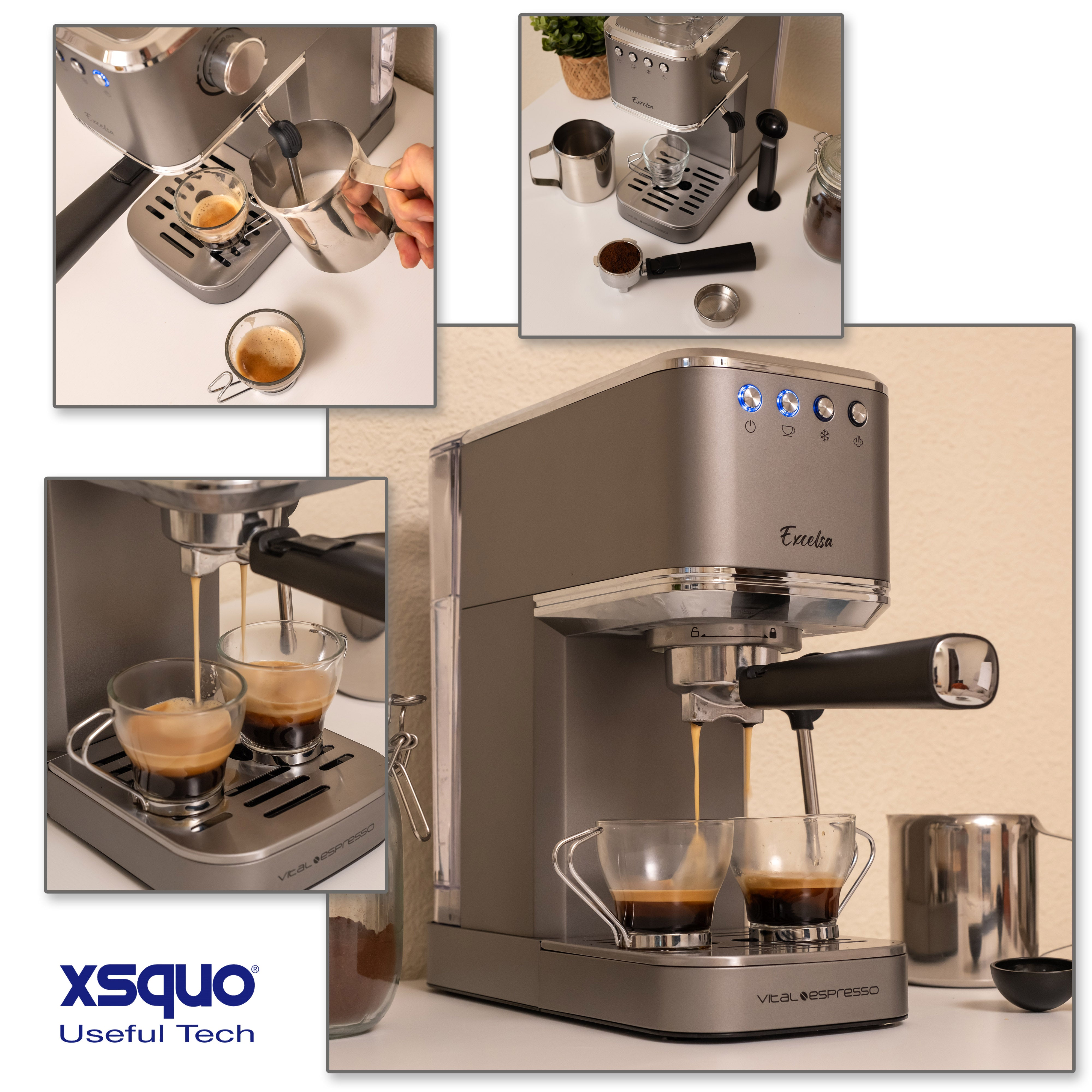 Máquina de espresso, preparando café en dos tazas de vidrio, con varios accesorios.