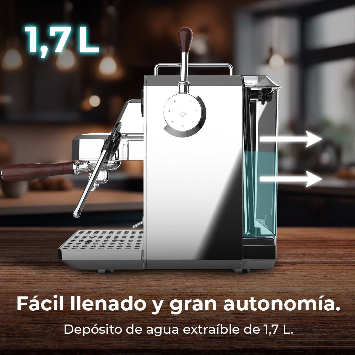 Ekspres do kawy pokazujący zbiornik na wodę, ze strzałkami wskazującymi przepływ wody i tekstem 1,7L.