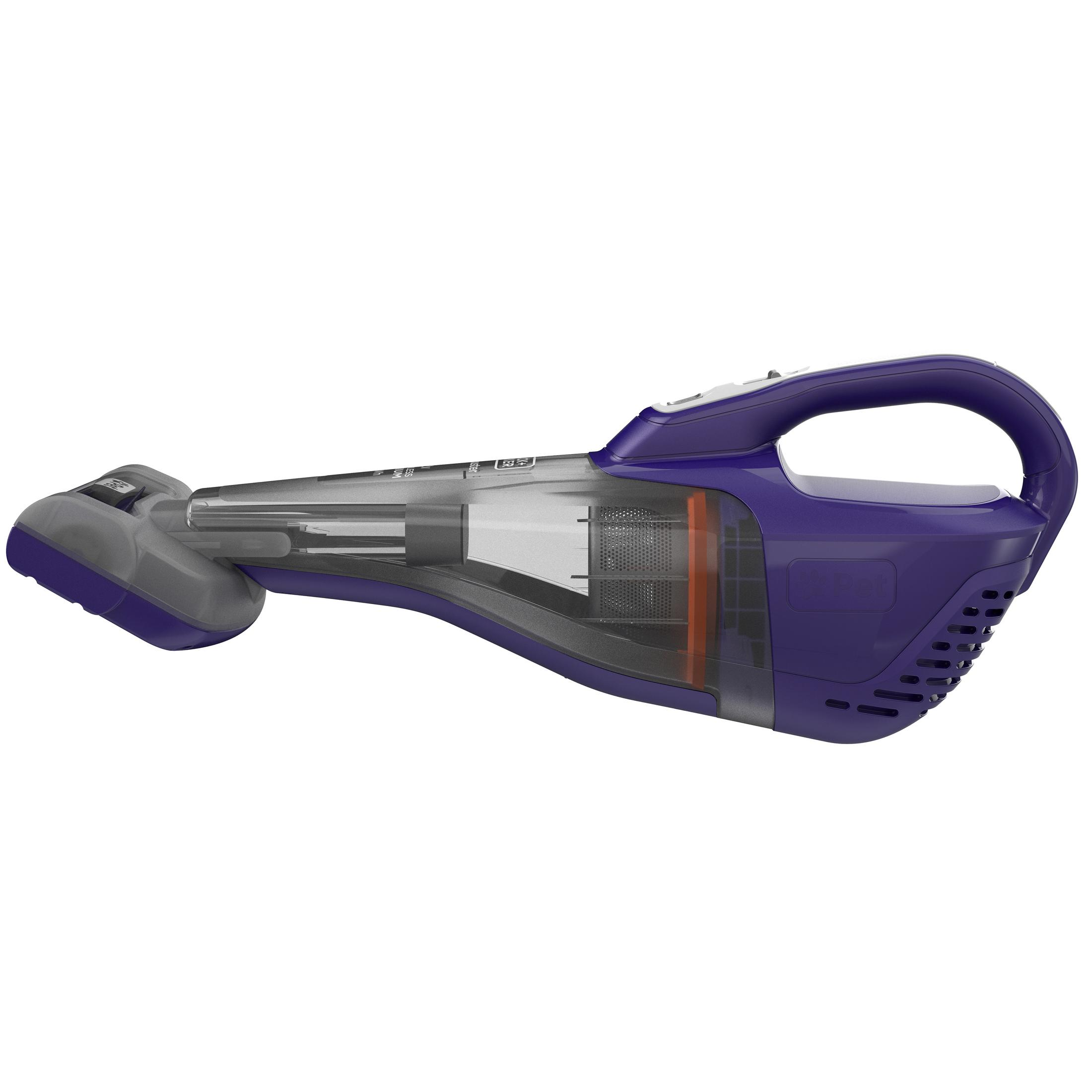 Un aspirapolvere portatile di colore viola scuro. È progettato per una facile maneggevolezza.