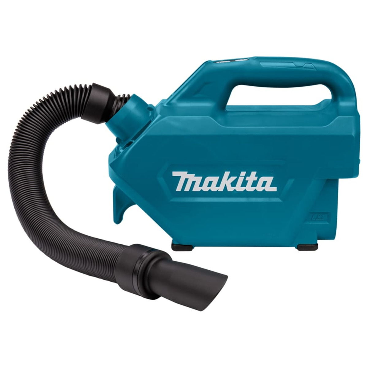 Teal Makita vacuum cleaner with hose and handle, white logo, on white.
