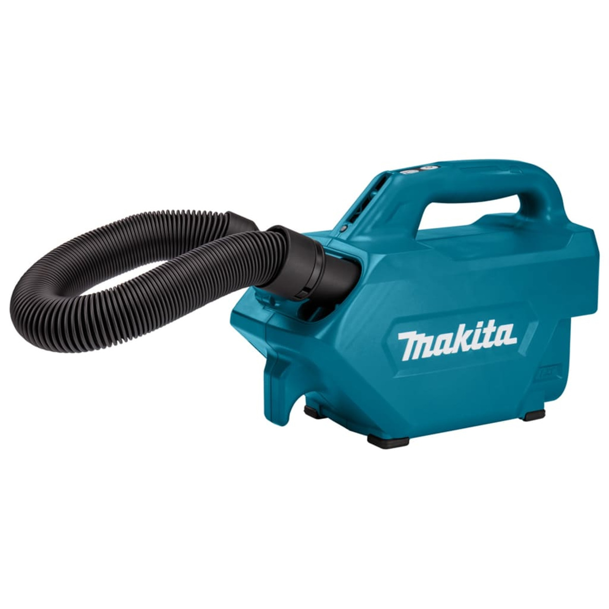 A teal Makita cordless vacuum cleaner with a black flexible hose extending to the left.