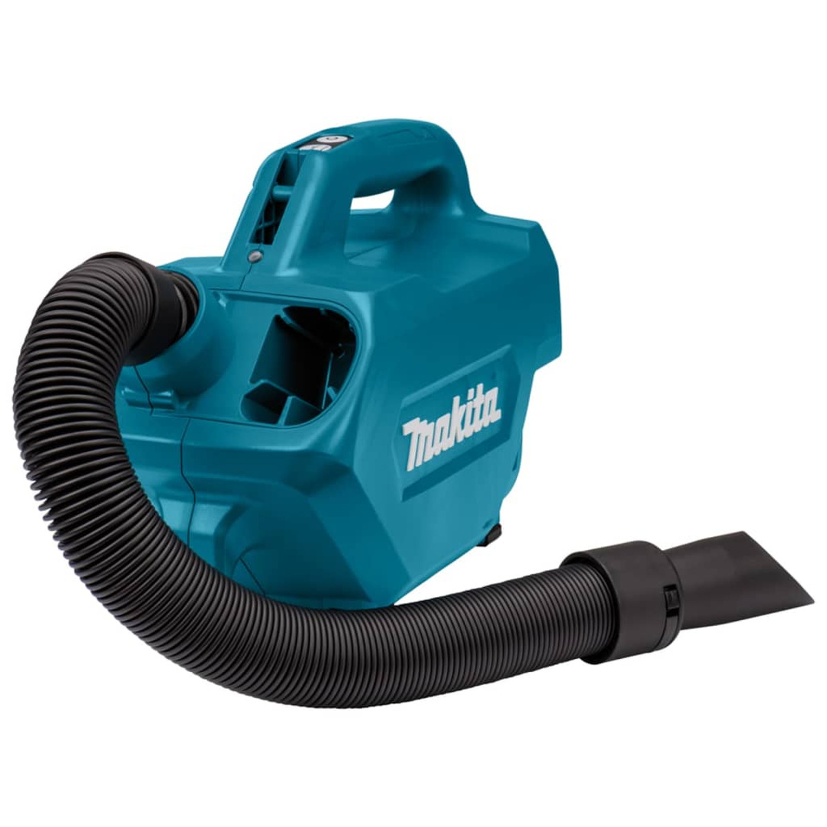 Teal Makita vacuum cleaner with a black hose. It has a handle and a nozzle.