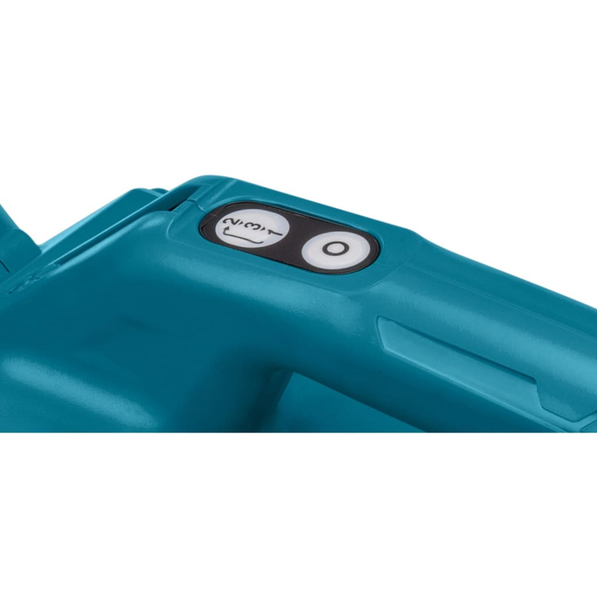 A close up of the handle of a teal power tool. It has a dial with numbers.