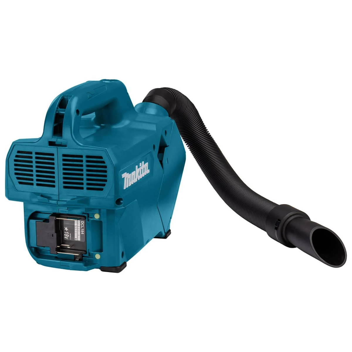 A teal Makita cordless vacuum cleaner with a black hose and a handle on top, angled to the right.