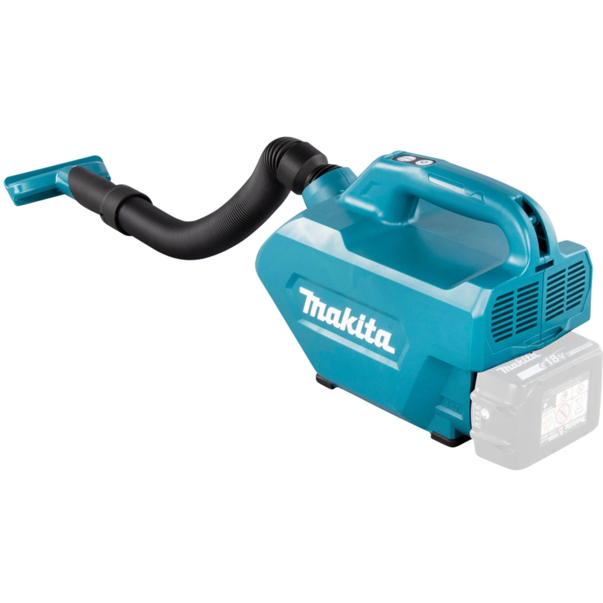 A teal Makita vacuum cleaner with a black hose and battery. White background.