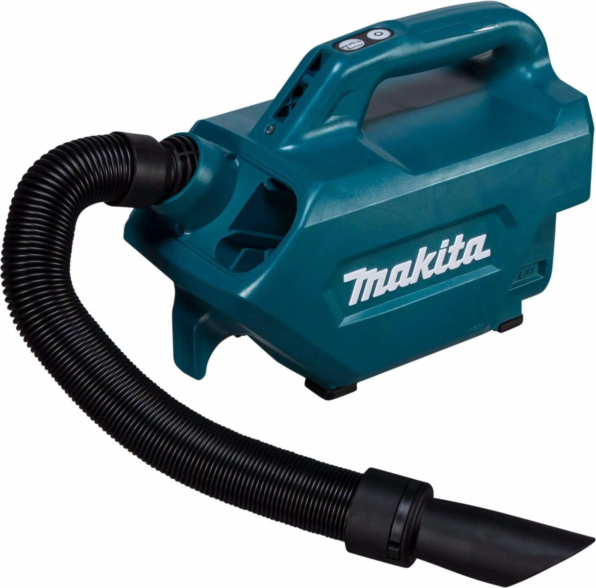 Teal handheld vacuum cleaner with black hose and nozzle, white background.