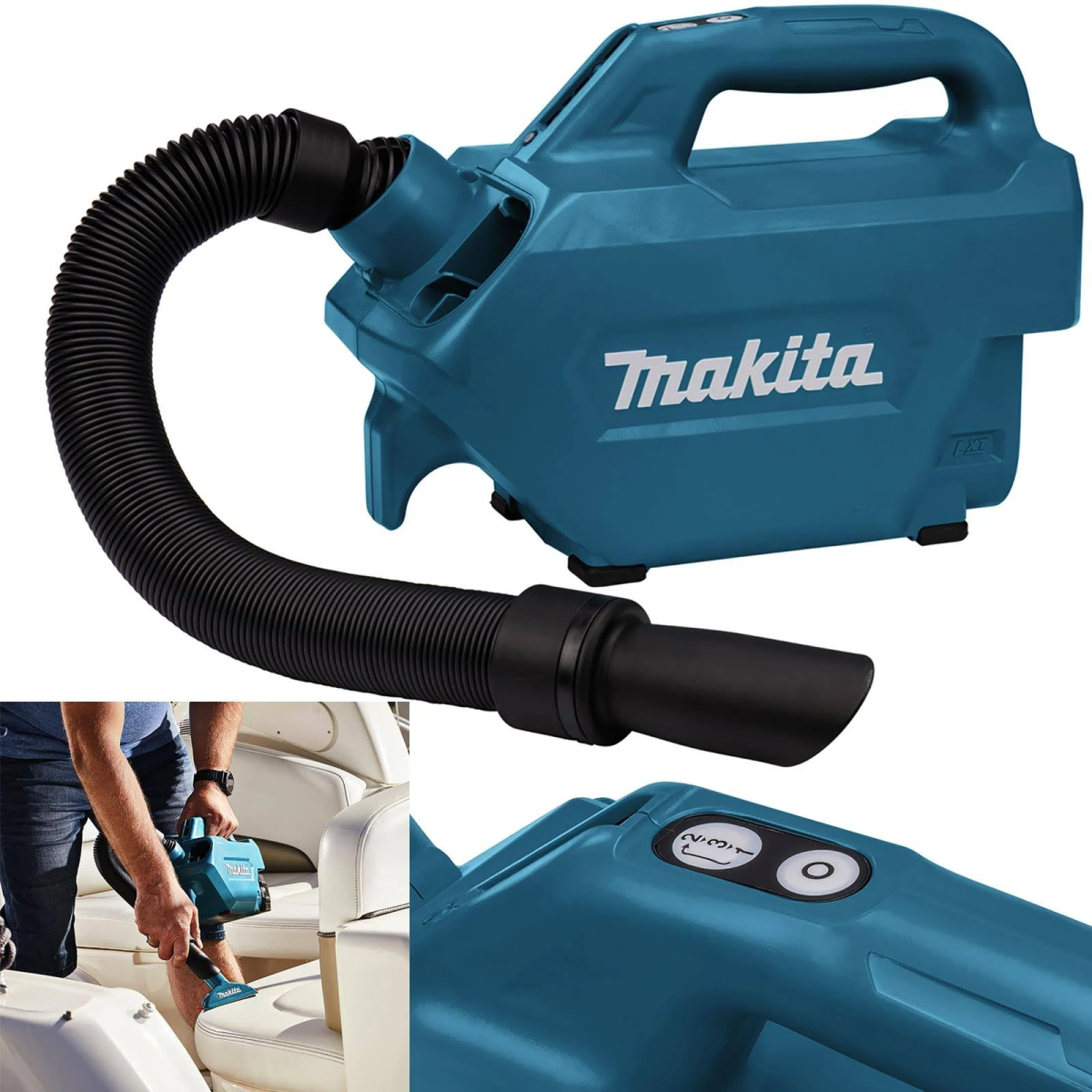 Teal Makita vacuum cleaner with hose and nozzle. Close-up of controls and a person using it on a boat.