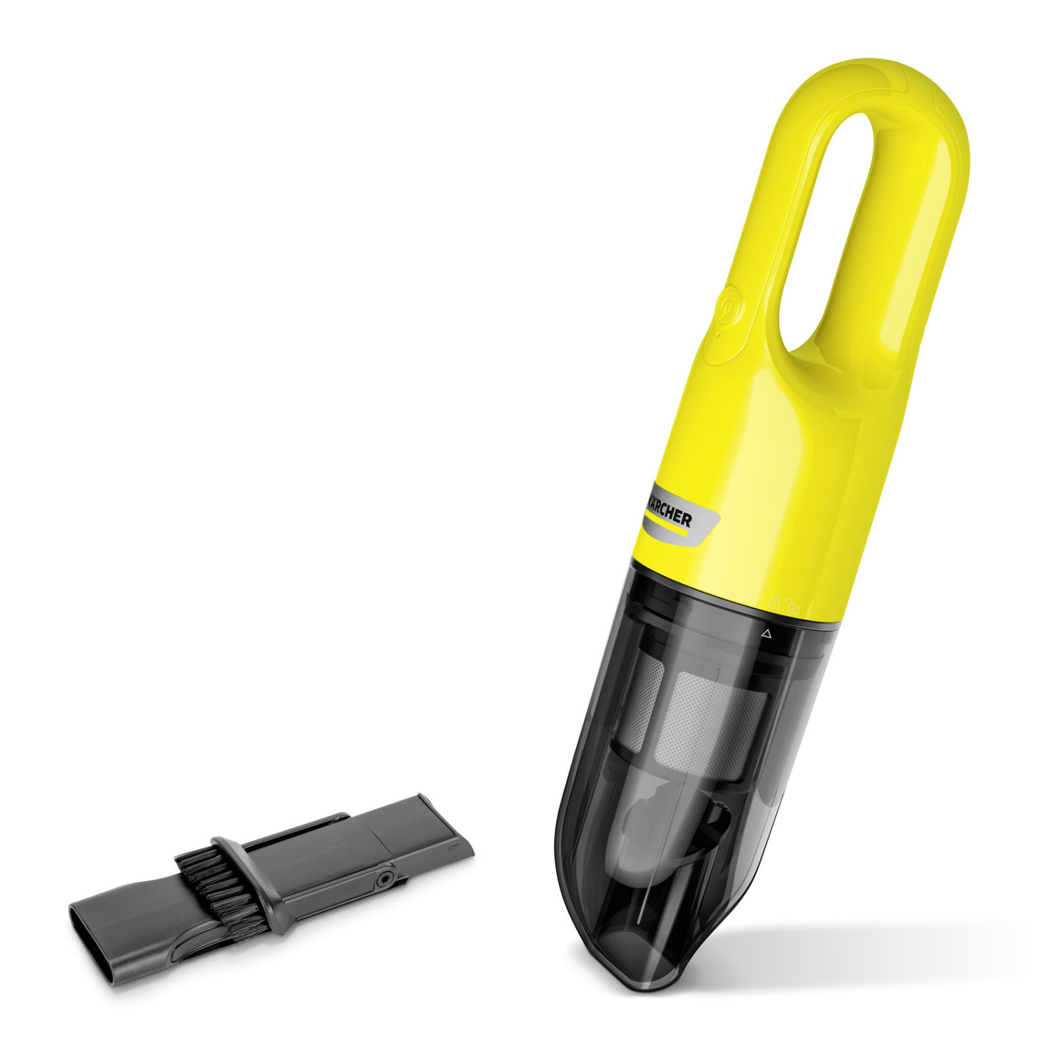 Gele Karcher handstofzuiger met borstelopzetstuk. Witte achtergrond.