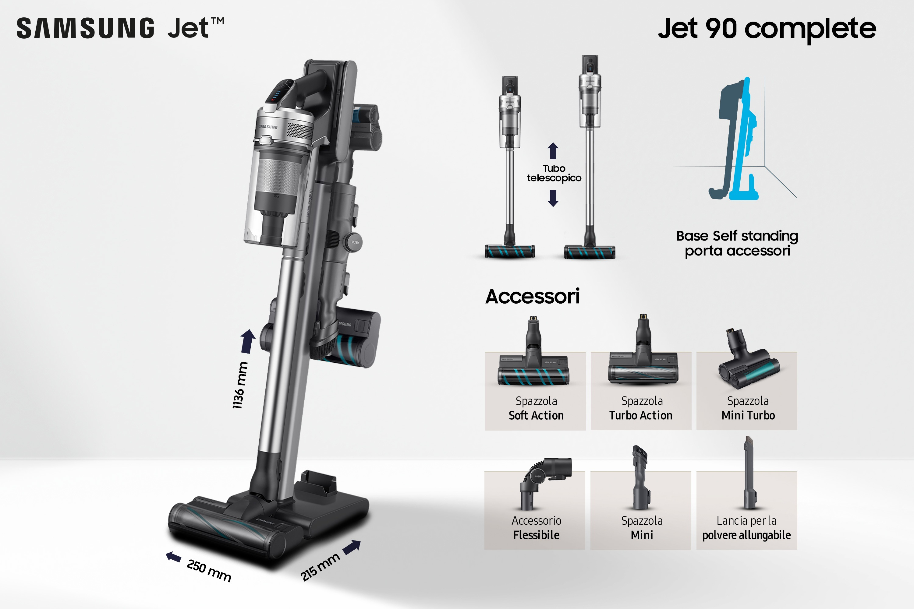Aspiradora Samsung Jet 90 completa con accesorios, dimensiones y fondo blanco.