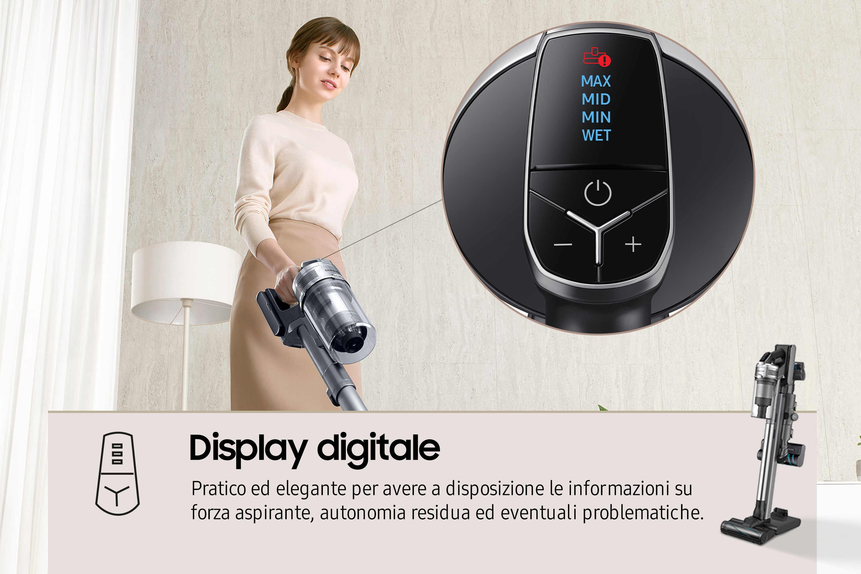 Mujer usando una aspiradora, con una pantalla digital. La pantalla muestra niveles de potencia y ajustes.