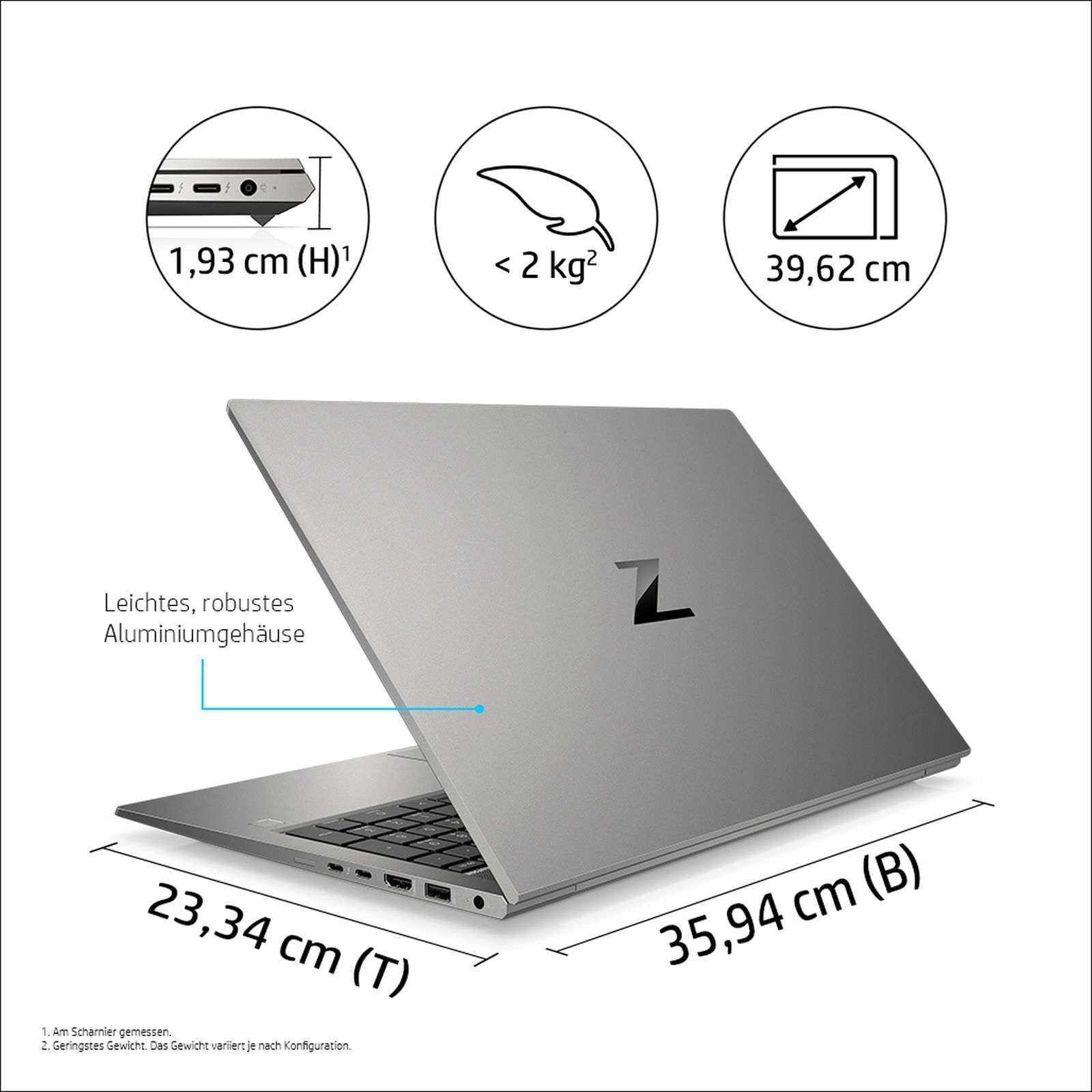 Silberner Laptop mit Spezifikationen und Abmessungen auf Weiß.