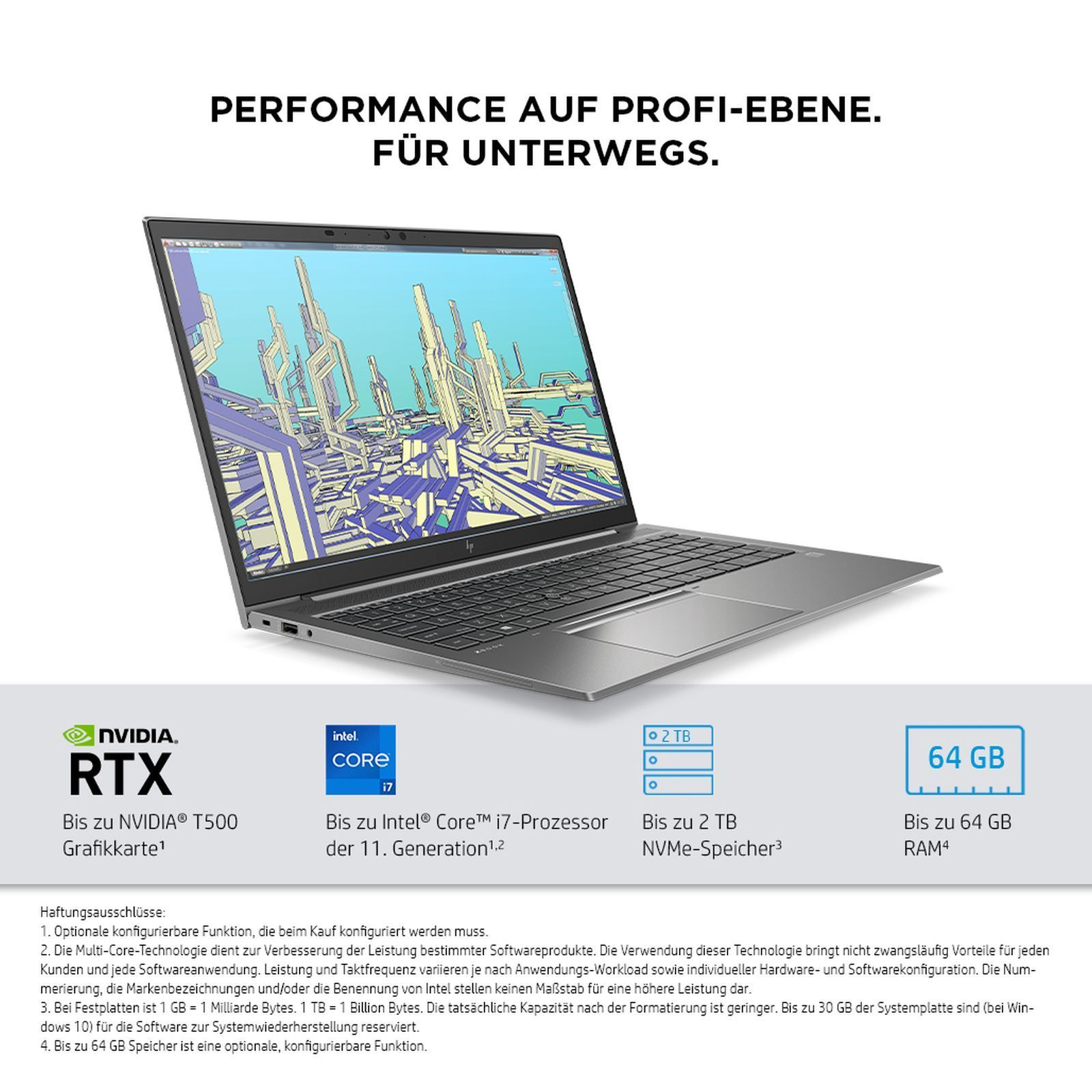 Laptop mit Text, Spezifikationen und Branding. Merkmale: RTX, Intel Core i7, 2 TB Speicher, 64 GB RAM.