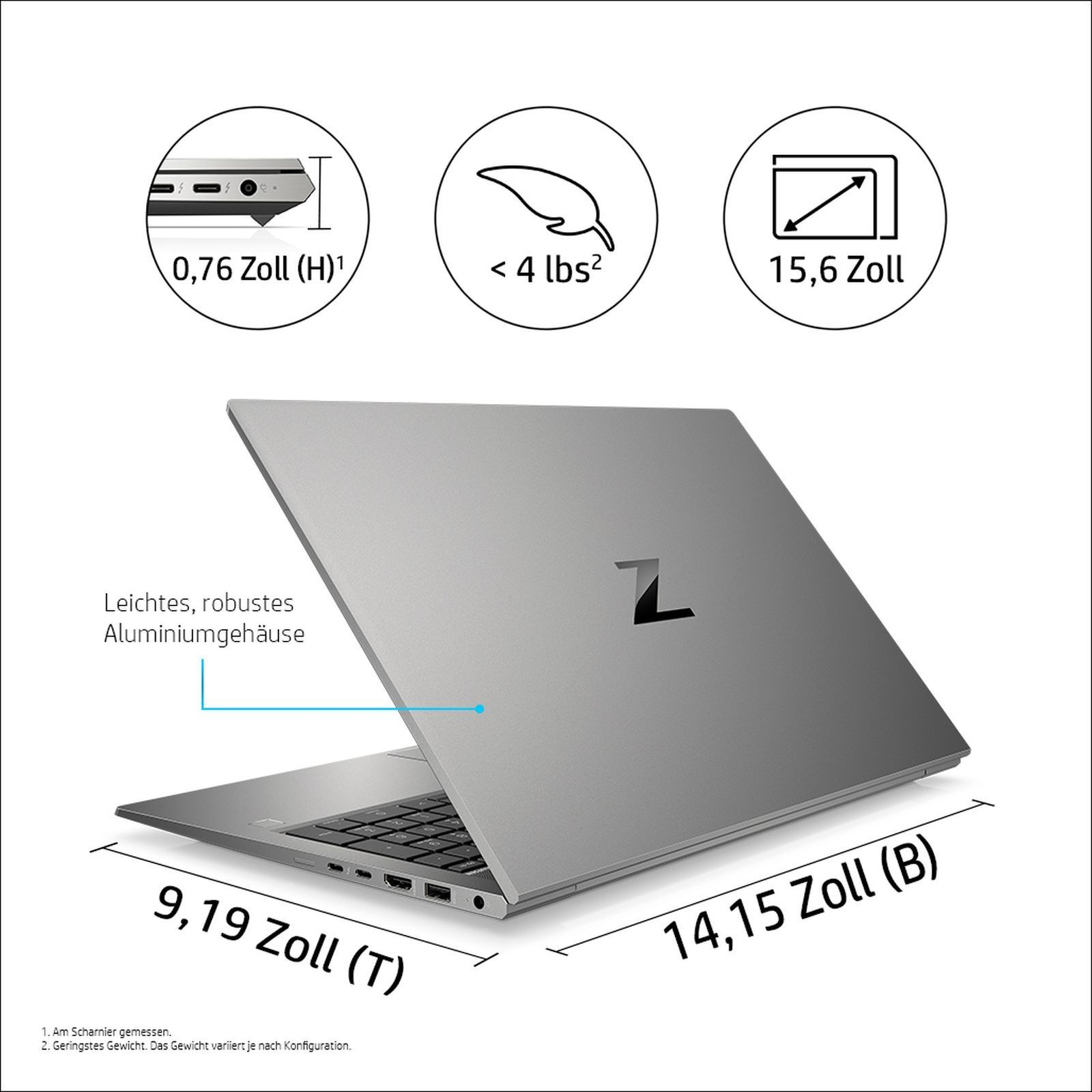 Ein silberner Laptop ist geöffnet. Merkmale: Abmessungen, Gewicht, Logo, auf weißem Hintergrund.