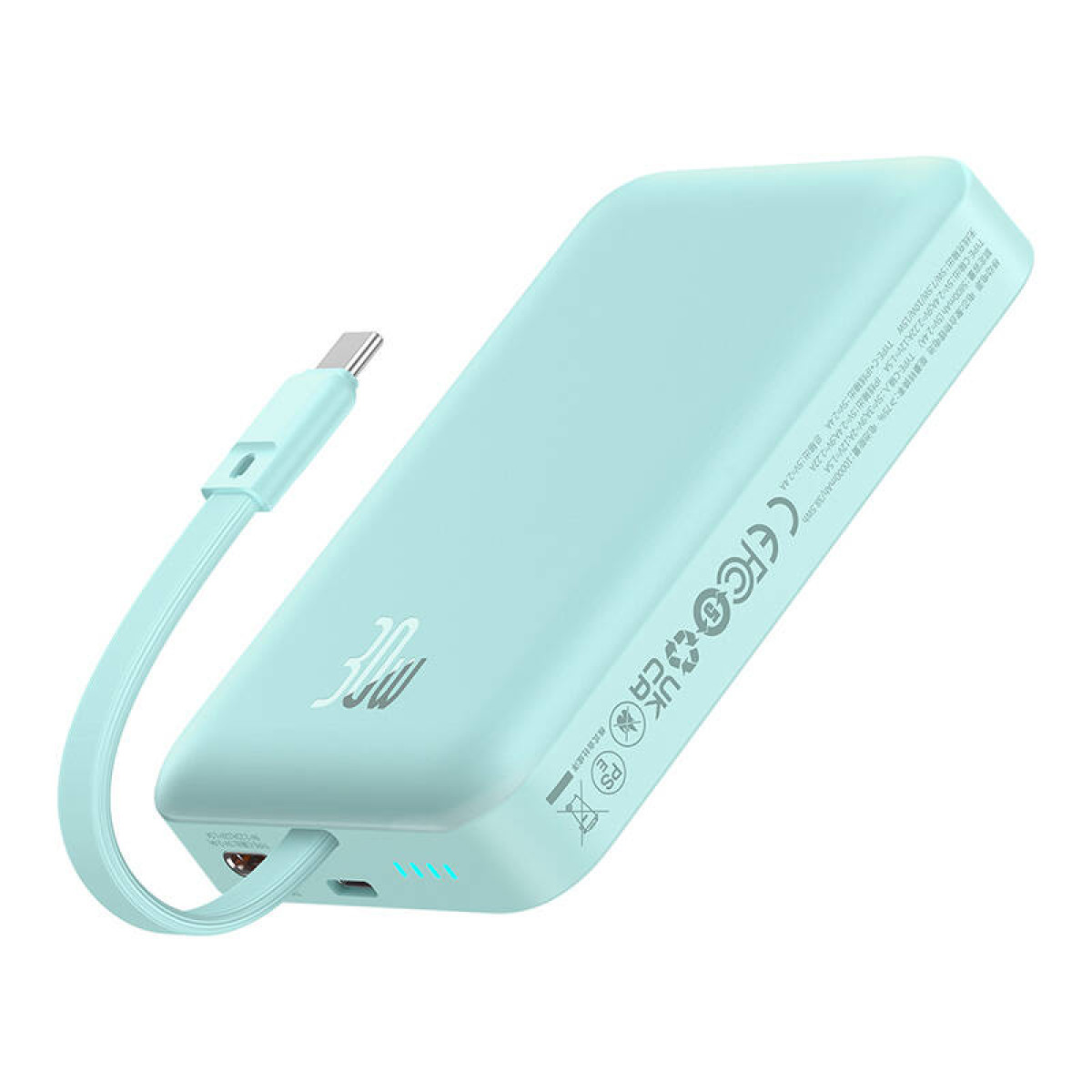 Power bank azzurro con cavo USB-C. Il testo indica 30W e altre informazioni.
