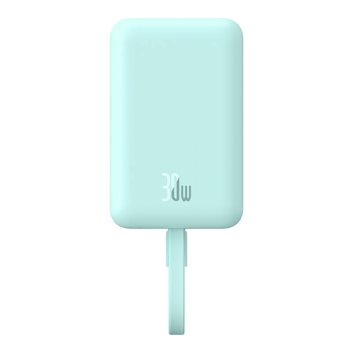 Un power bank verde menta con un connettore USB-C e il numero 30W stampato.