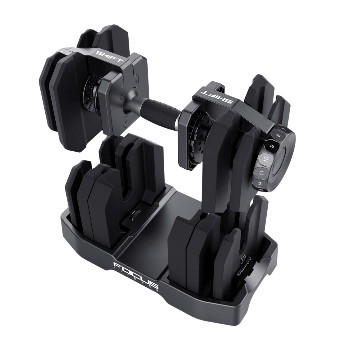 Verstelbare dumbbell set, zwart met grijze accenten, op een wit oppervlak, gerichte opname.