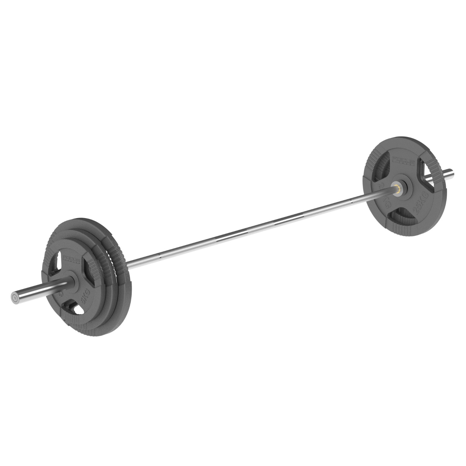 Barbell with weights on each end, silver bar and grey weights, studio shot.