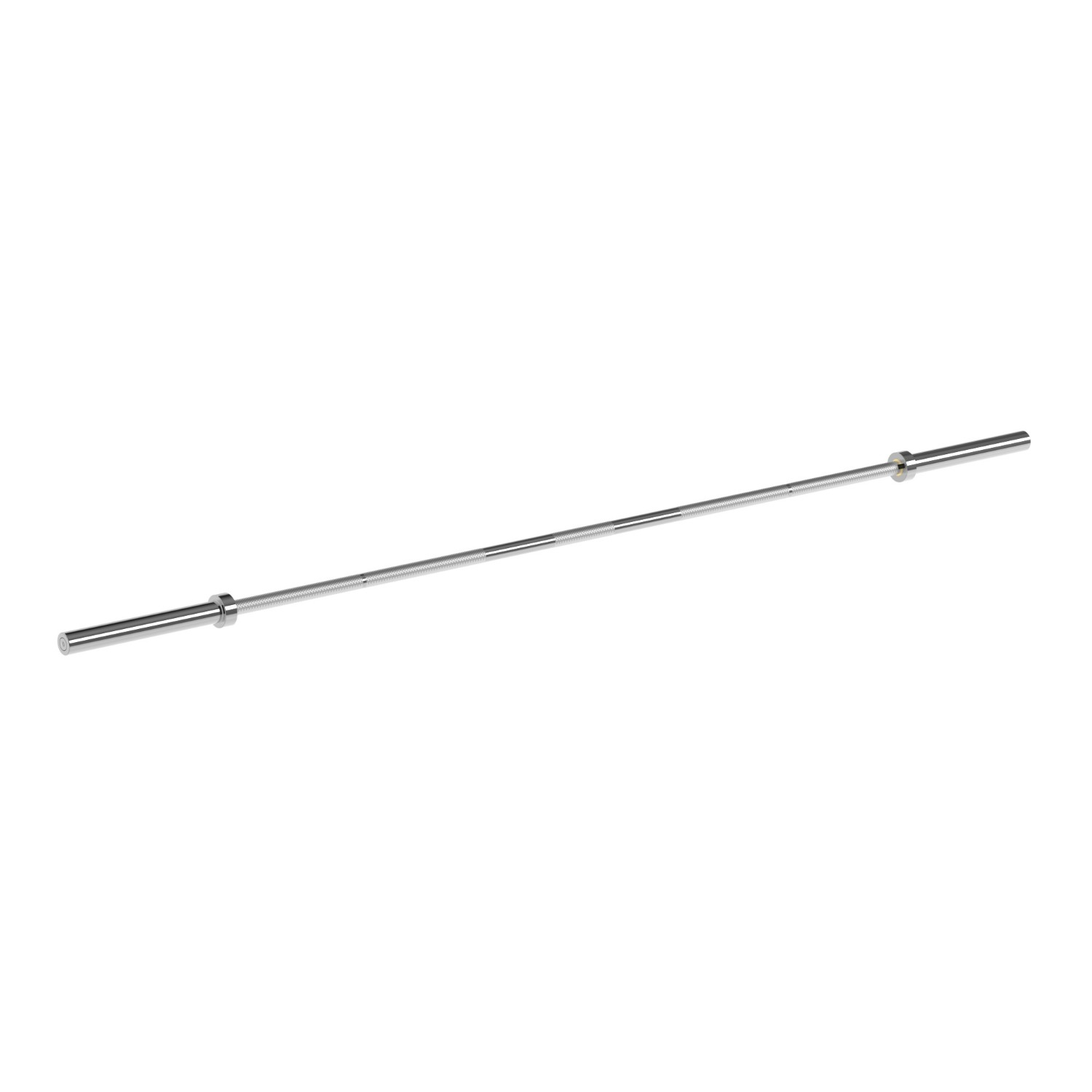 A long silver barbell on a white background. It is straight with knurling and collars.