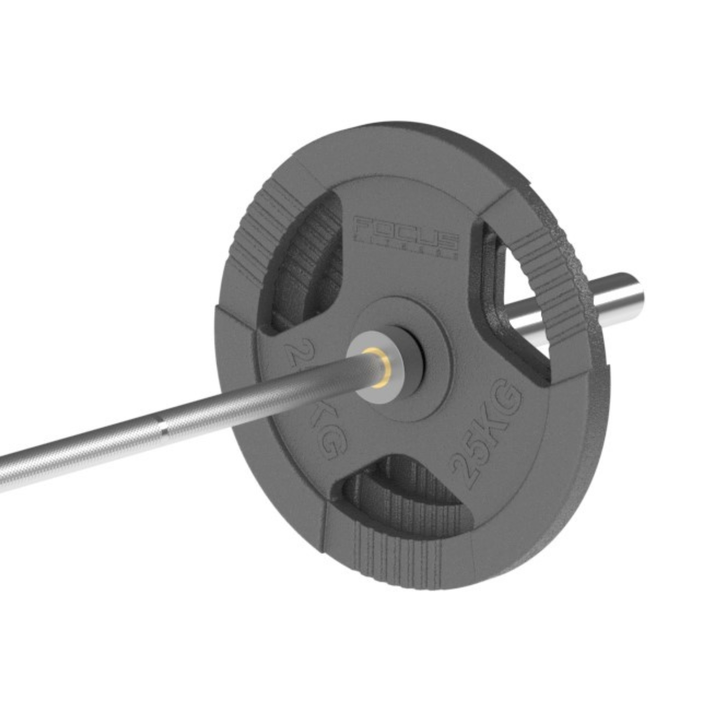 A barbell with a dark grey weight plate. The plate has a 2 KG and 25 KG markings, along with the word FOCUS.