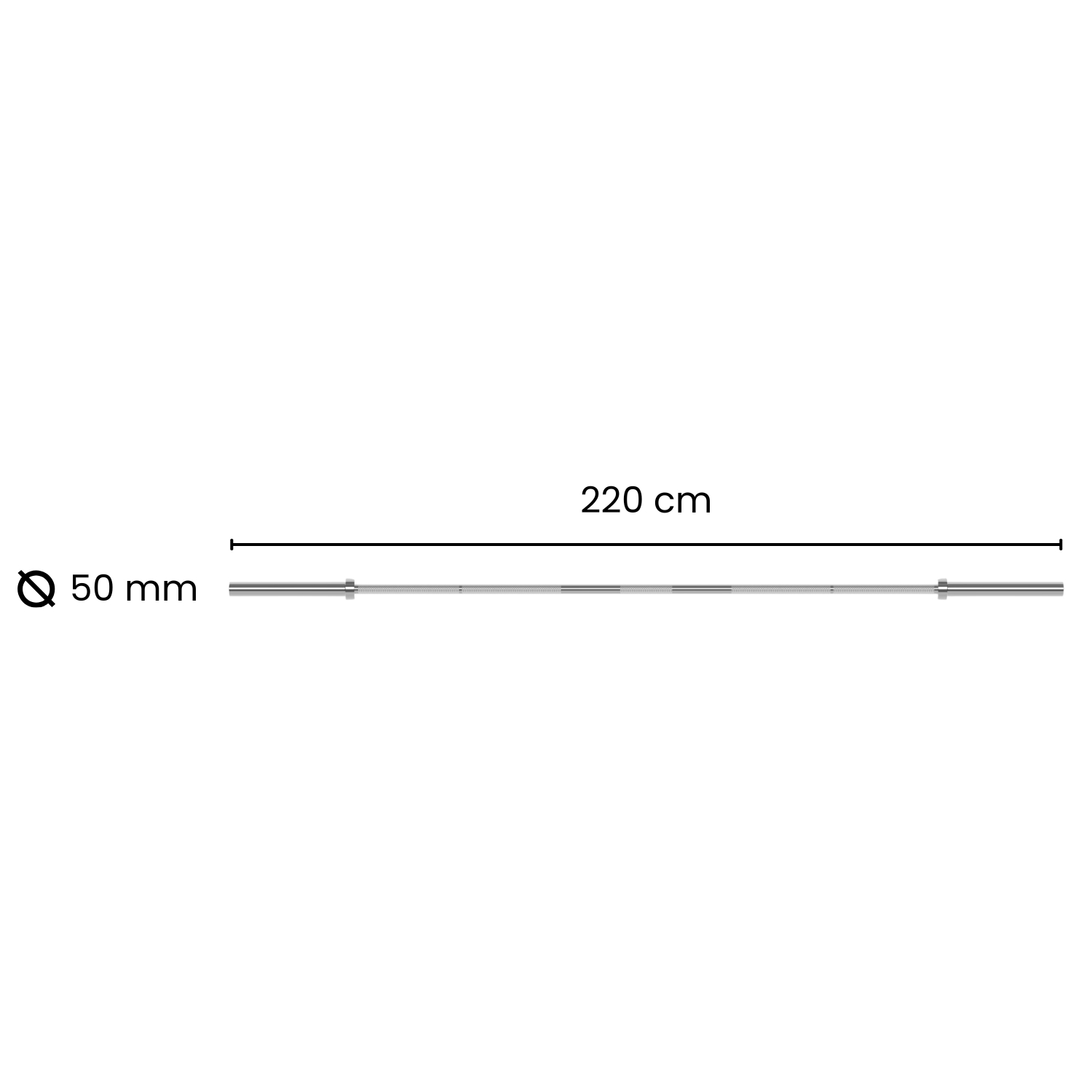 A silver barbell with a diameter of 50mm, and a length of 220cm.