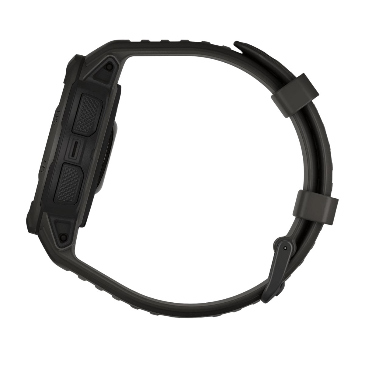 Czarny smartwatch z czarnym paskiem, widok z boku, czarne tło.