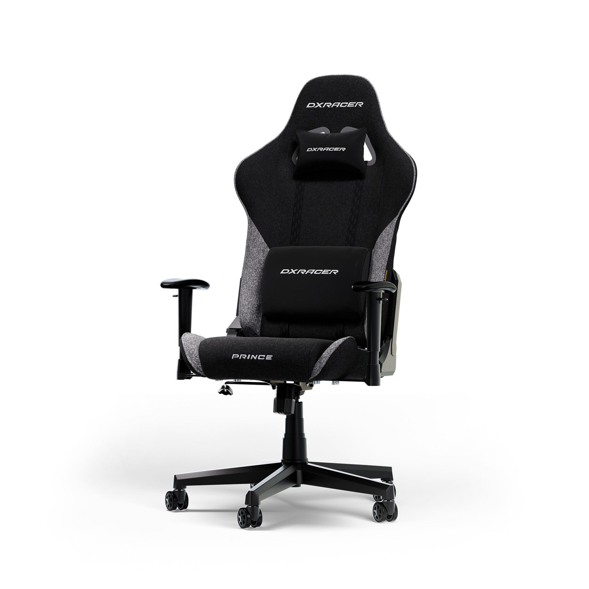 Ein schwarzer und grauer Gaming-Stuhl mit Kopfstütze und Lendenwirbelstütze, isoliert auf weißem Hintergrund.