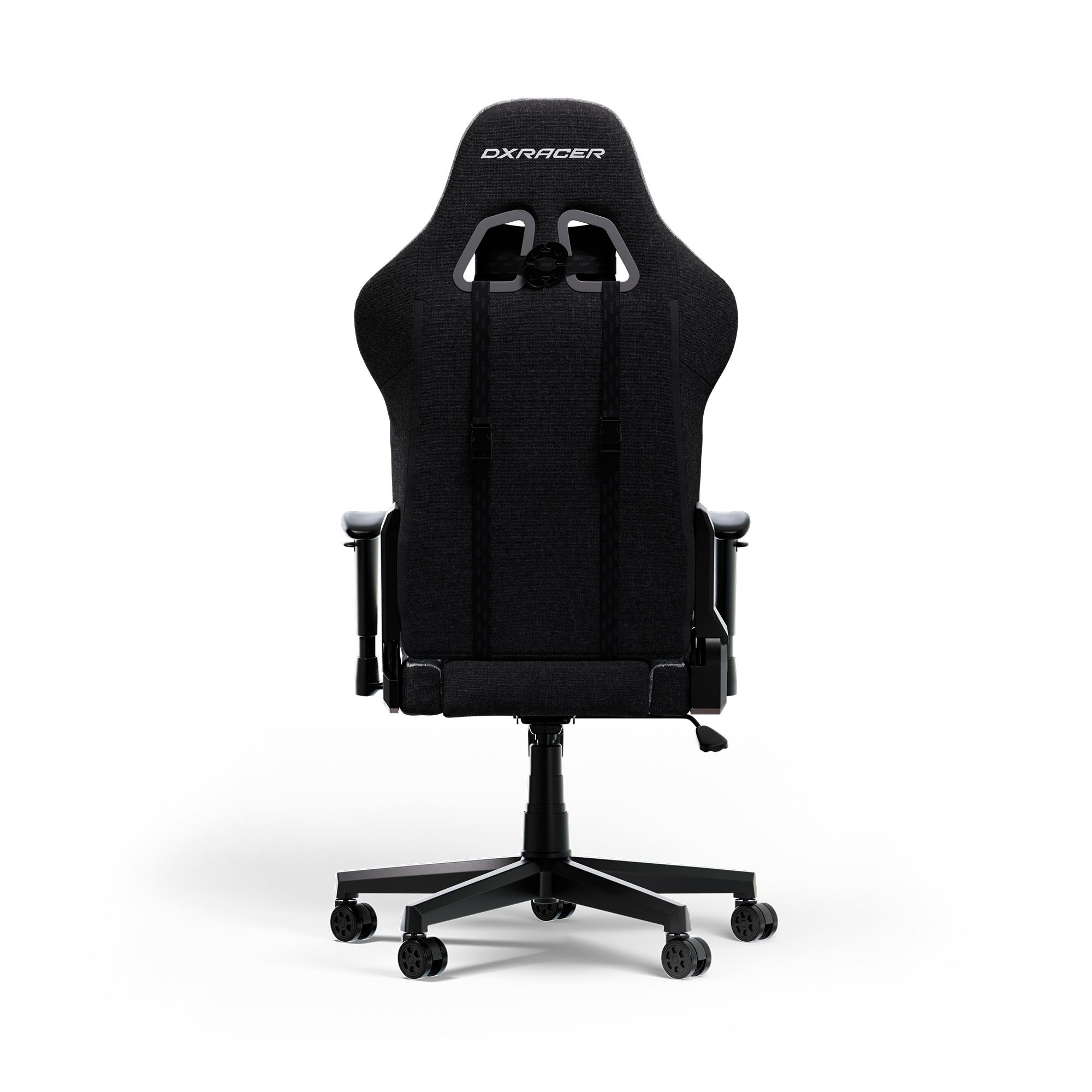 Die Rückseite eines schwarzen Gaming-Stuhls auf weißem Hintergrund, das Design zeigend.