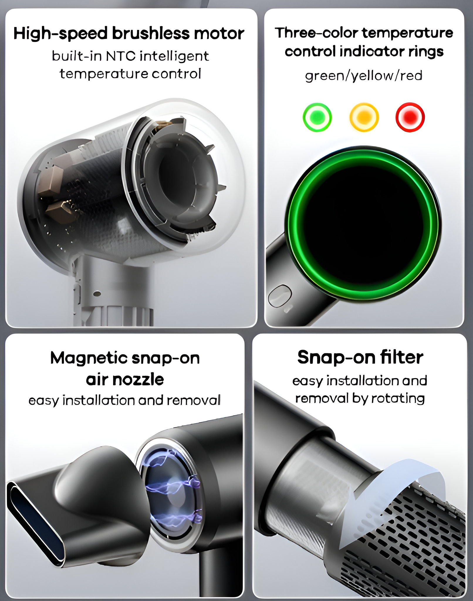 Nahaufnahme eines Haartrockners mit Details zum Motor, Temperaturregelringen und Aufsteckfilter.
