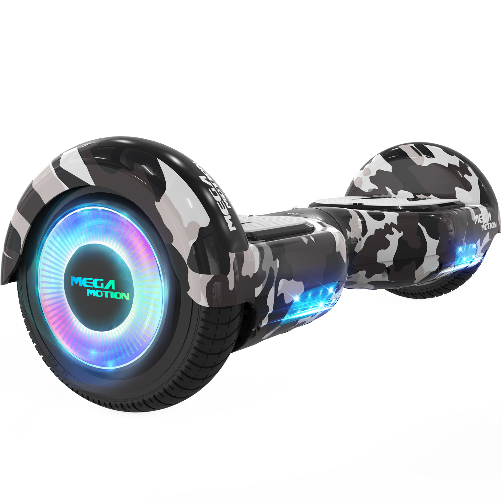 Hoverboard con diseño de camuflaje blanco y negro. Las ruedas tienen luces azules, verdes y moradas.
