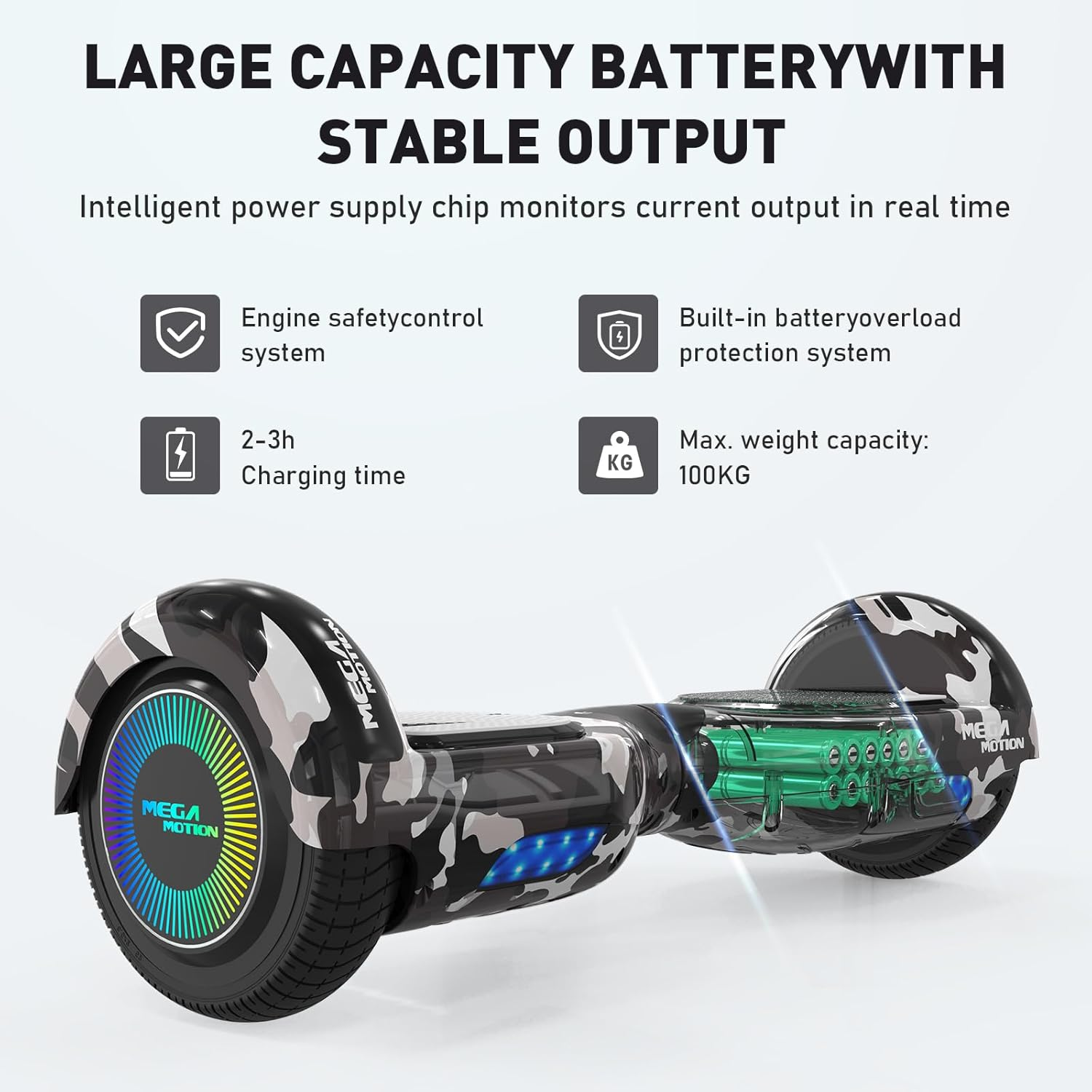 Hoverboard con diseño de camuflaje. Incluye sistemas de seguridad y capacidad máxima de 100KG.