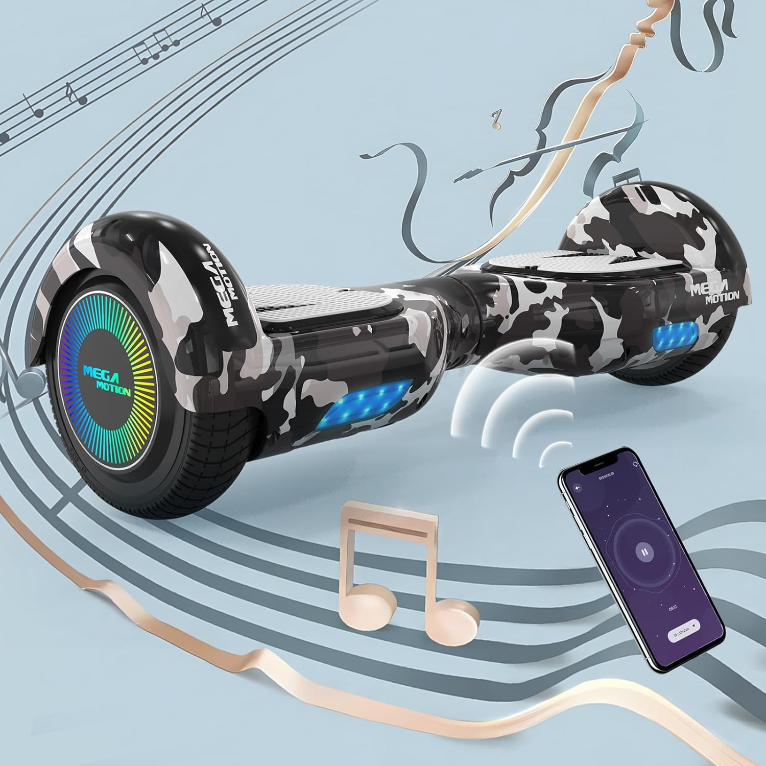 Hoverboard con diseño de camuflaje. El teléfono muestra los controles de música. Se muestran notas musicales.