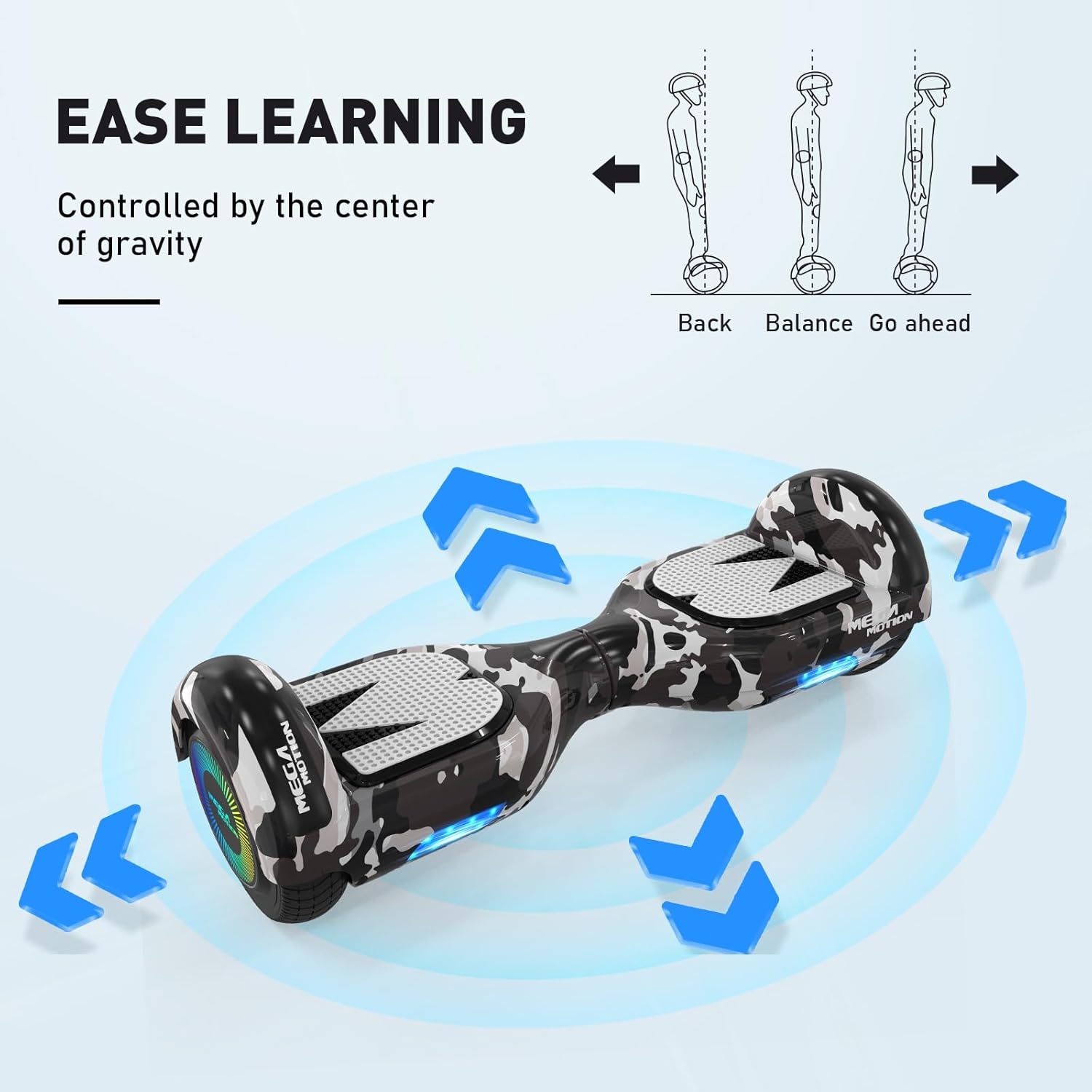 Hoverboard con diseño de camuflaje y flechas azules.