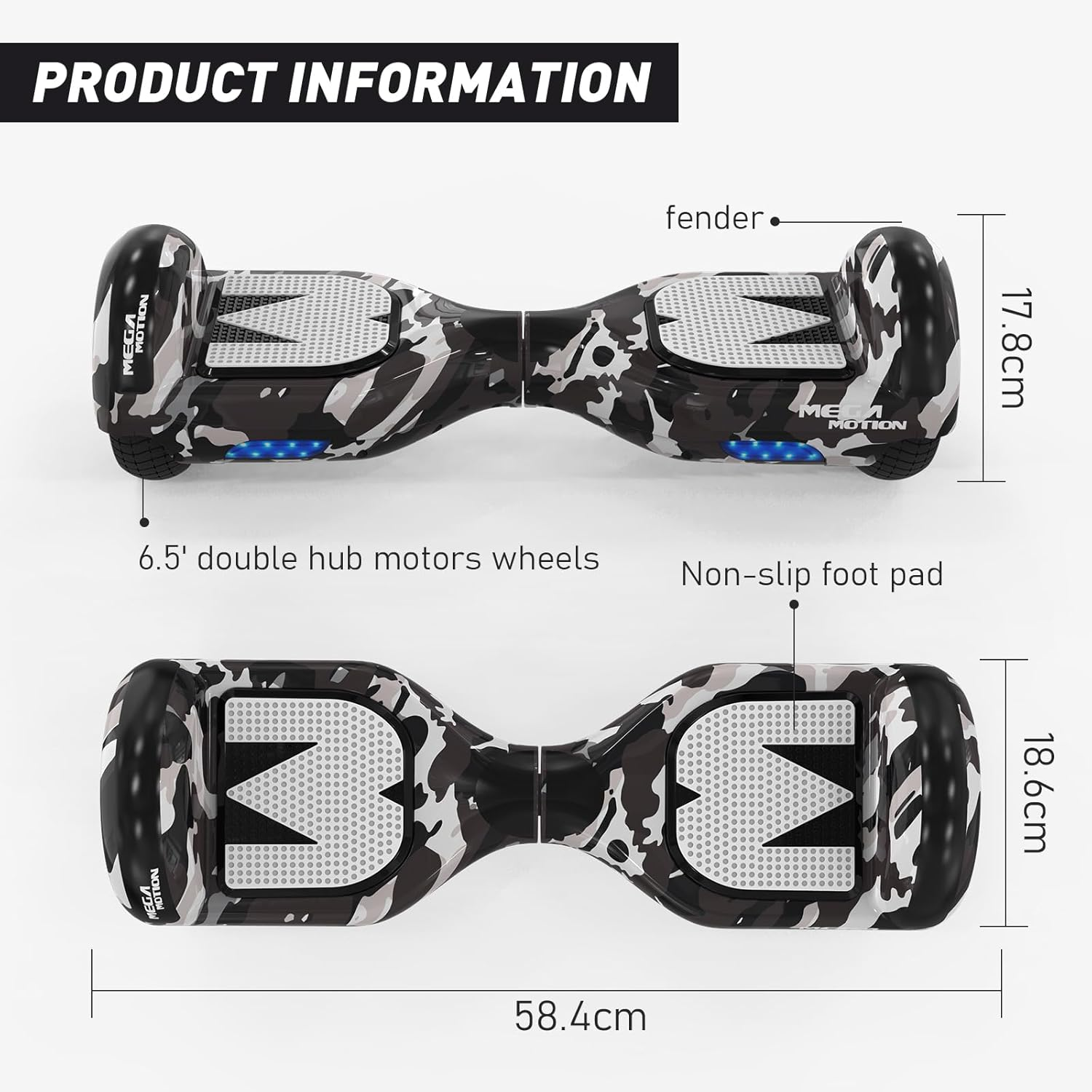 Un hoverboard con diseño de camuflaje. Tiene dimensiones y características clave etiquetadas.
