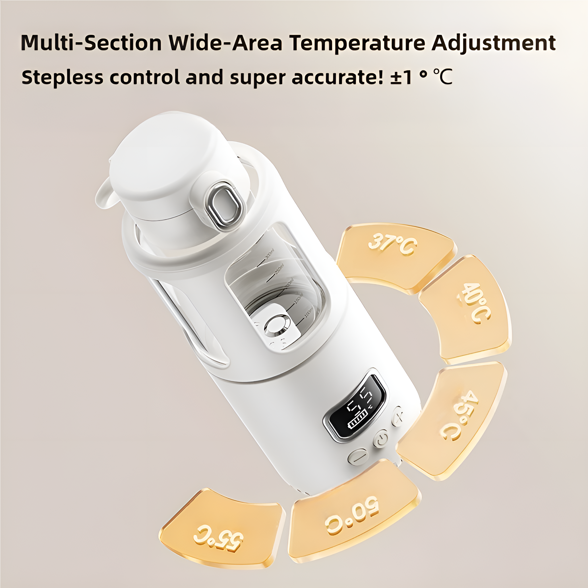 Weiße isolierte Wasserflasche mit Temperatureinstellungen und Digitalanzeige.