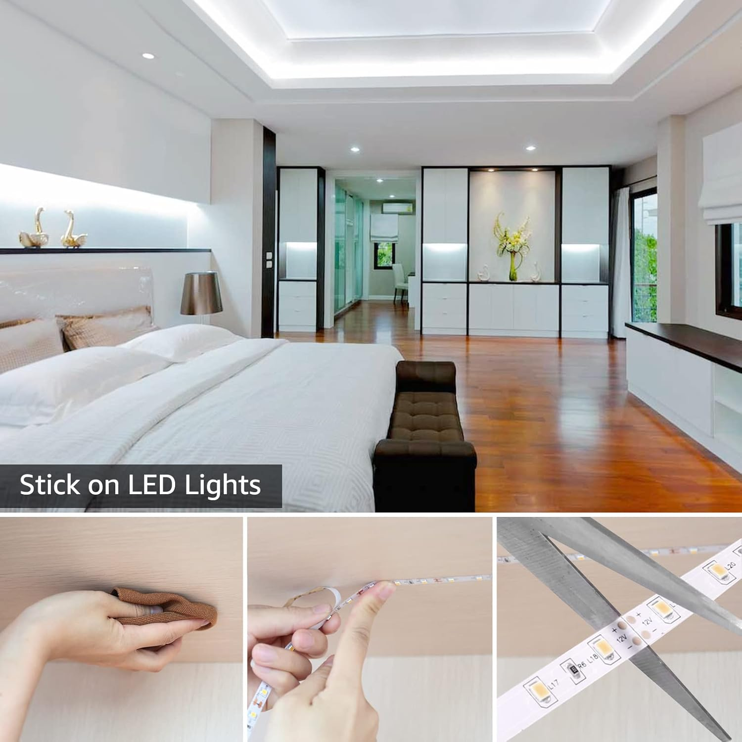 Schlafzimmer-Szene mit LED-Lichtinstallation, zeigt Anwendungsschritte.