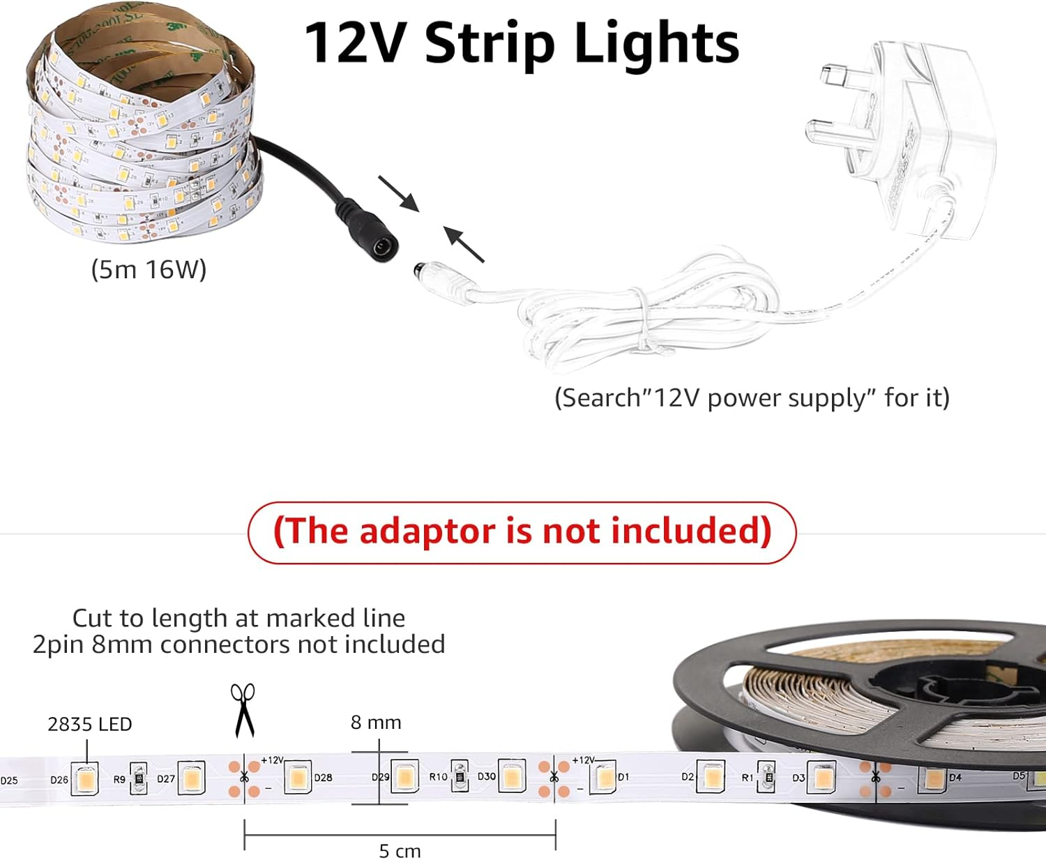 LED-Streifenlichter auf einer Rolle, mit Netzteil und Steckverbindern. Text und Pfeile zeigen die Einrichtung.