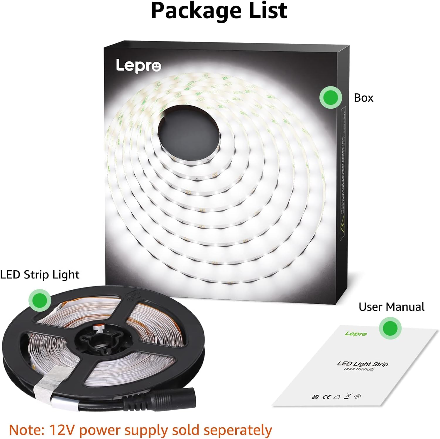 Eine Box mit LED-Streifen, eine Rolle Lichter und eine Bedienungsanleitung. Weißer Hintergrund.