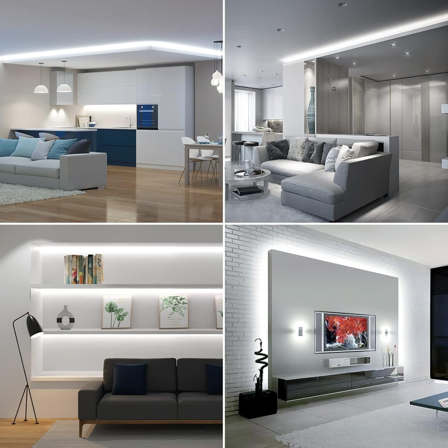 Collage von Innenarchitekturoptionen. Die Bilder zeigen moderne Wohnräume mit LED-Beleuchtung.
