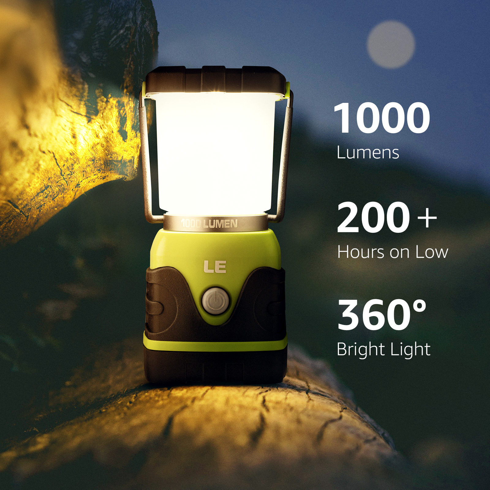 Laterne mit hellem Licht, gekennzeichnet mit 1000 Lumen und 200+ Stunden bei niedriger Einstellung, in einer Nachtszene.