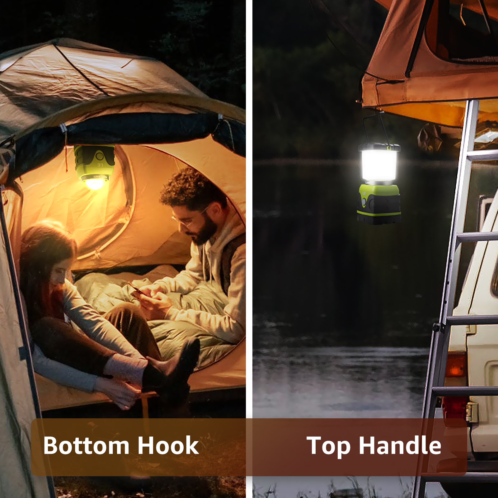 Zwei Campinglaternen, eine in einem Zelt und die andere draußen. Eine hängt an einem Haken, die andere an einer Leiter.
