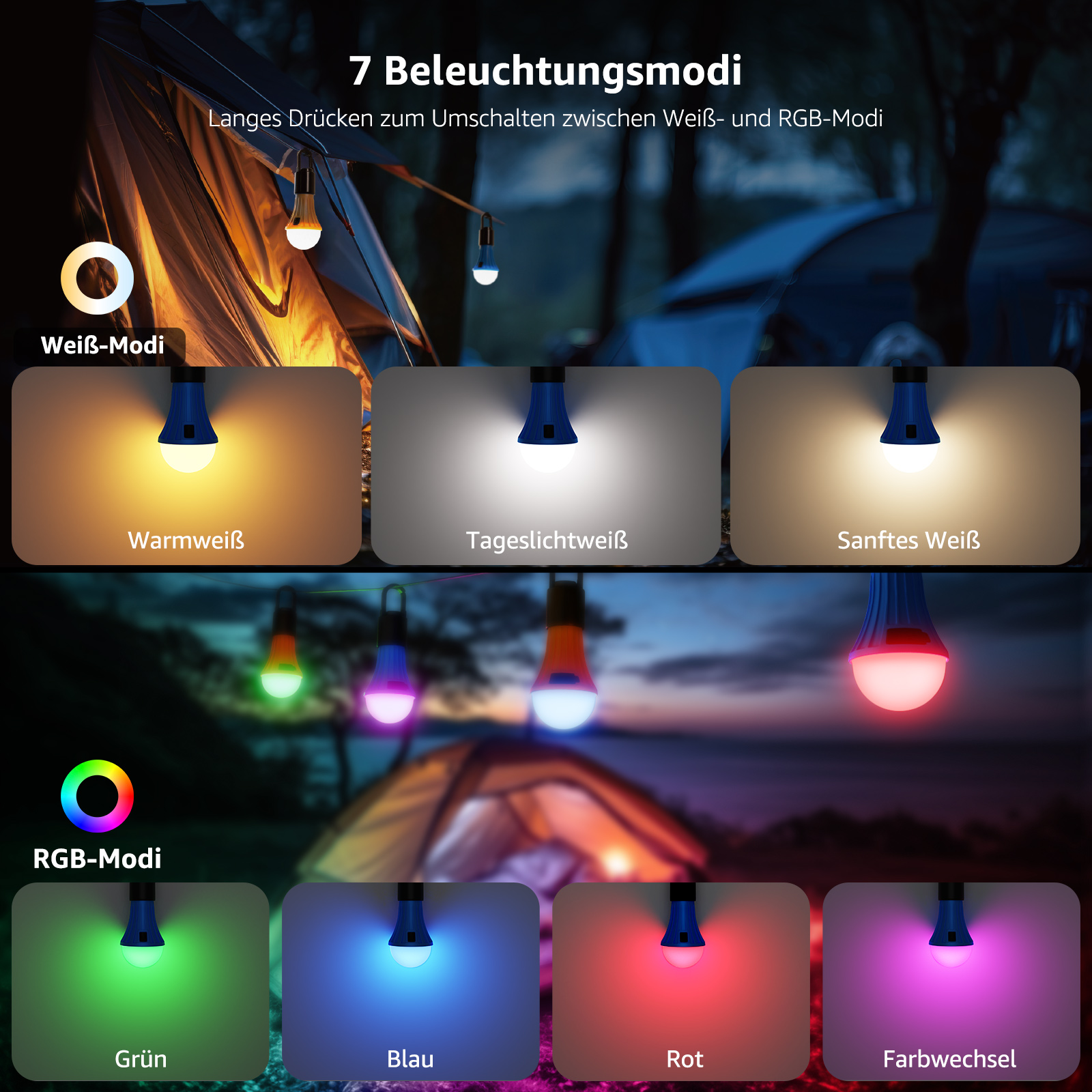 Bilder von Lampen mit verschiedenen farbigen Lichteffekten: weiß, warm, rot, blau und grün.